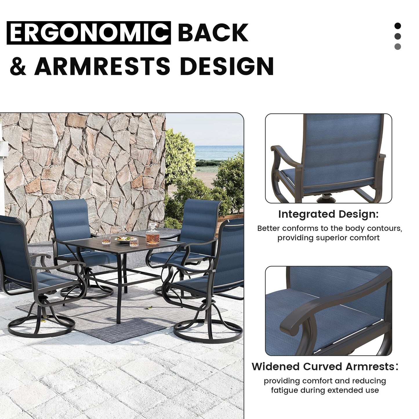 VONZOY Patio Swivel Chairs Set of 6, Outdoor Dining Chairs with High Back, All-weather Swivel Rocker Chair for Lawn, Porch or Garden (Padded Navy)