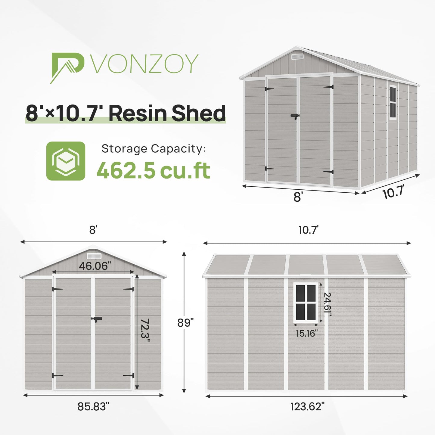 VONZOY Resin Outdoor Storage Shed with Floor, 8x10.5 FT Plastic Garden Shed with Lockable Door & Window for Bike, Garbage Can, Lawn Mower, Bedge