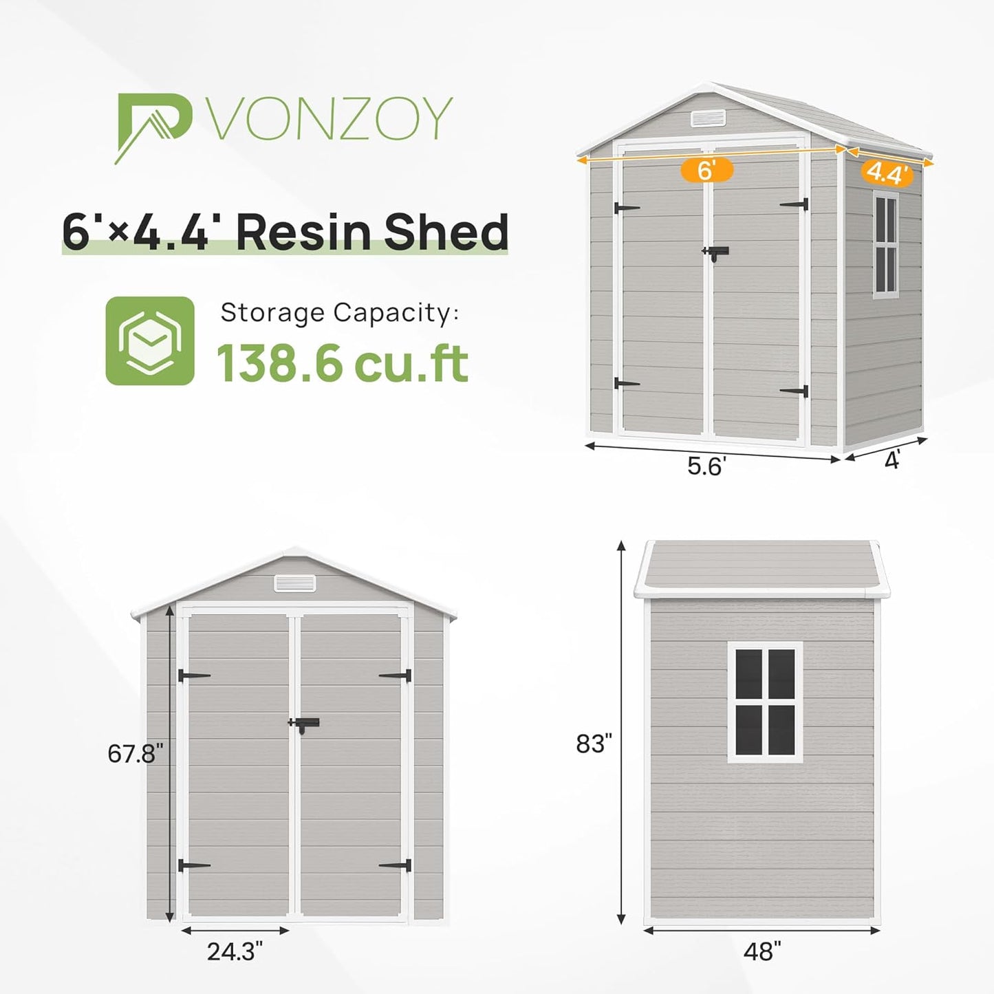 VONZOY Resin Outdoor Storage Shed with Floor, 6x4.5 FT Plastic Garden Shed, Lockable Door & Window, Waterproof Tool Shed for Bike, Garbage Can, Lawn Mower, Patio Furniture Bedge