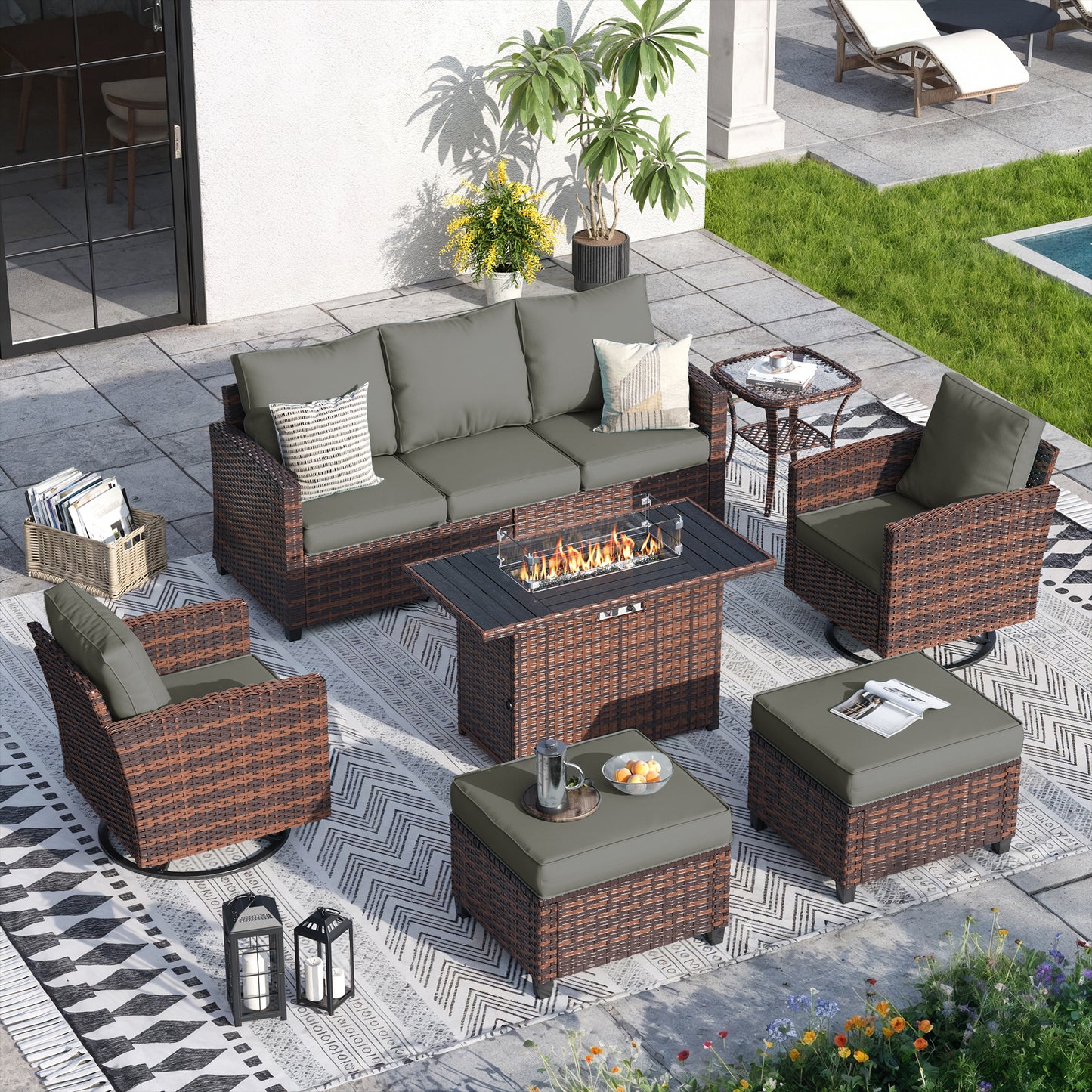 VONZOY 7 Pieces Patio Furniture Set with 44" Fire Pit Table, Patio Sectional Conversation Sets with Rocking Chair, Gas Fire Pit, Ottomans, Side Table, 4" Thick Cushion for Backyard Garden, Dark Grey