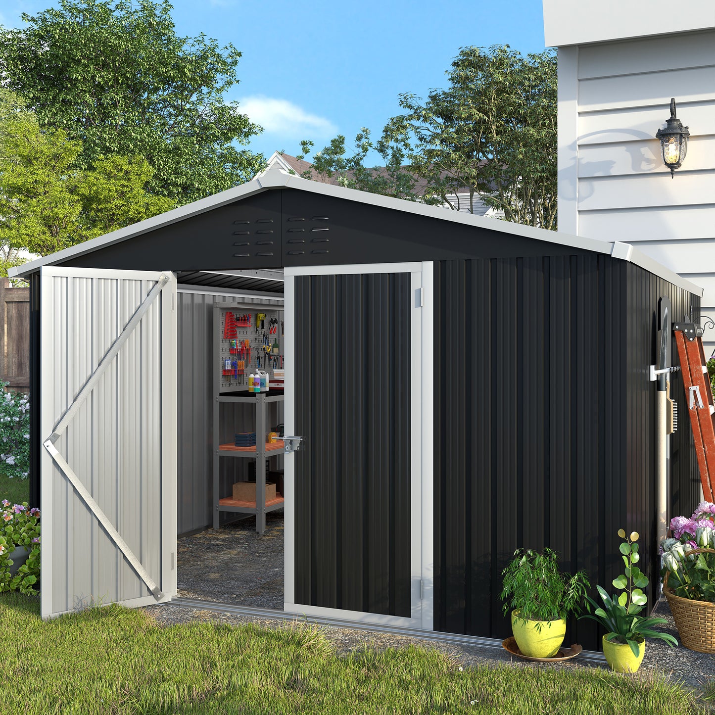 VONZOY 10x12 FT Outdoor Storage Shed, Metal Shed Garden Shed with Lockable Door for Bike, Garbage Can, Tool Shed for Backyard, Patio, Lawn(Grey)
