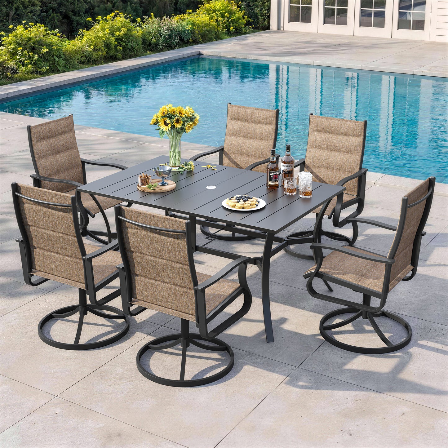 VONZOY 7 Pieces Patio Dining Set, Padded Patio Outdoor Furniture Set of 6 Patio Swivel Dining Chairs and Patio Spliced Rectangular Tabletop with Umbrella Hole, for Deck, Backyard, Poolside & Garden