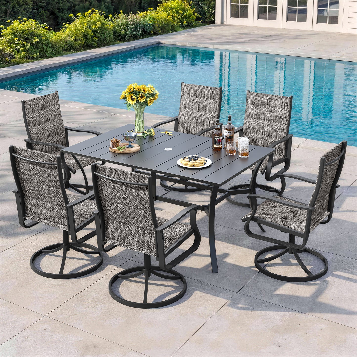VONZOY 7 Pieces Patio Dining Set, Padded Patio Outdoor Furniture Set of 6 Patio Swivel Dining Chairs and Patio Spliced Rectangular Tabletop with Umbrella Hole, for Deck, Backyard, Poolside & Garden
