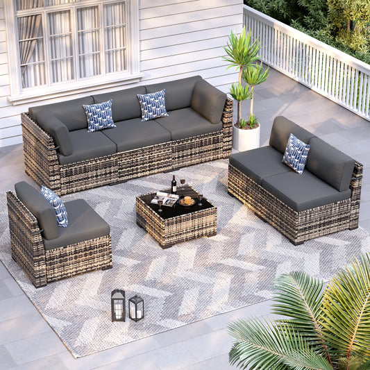 VONZOY Patio Furniture Sets, 7-Piece Outdoor Patio Furniture with Thick Cushions,Coffee Table Outdoor All-Weather Conversation Set Sectional Sofa for Backyard, Poolside, Garden(Grey)