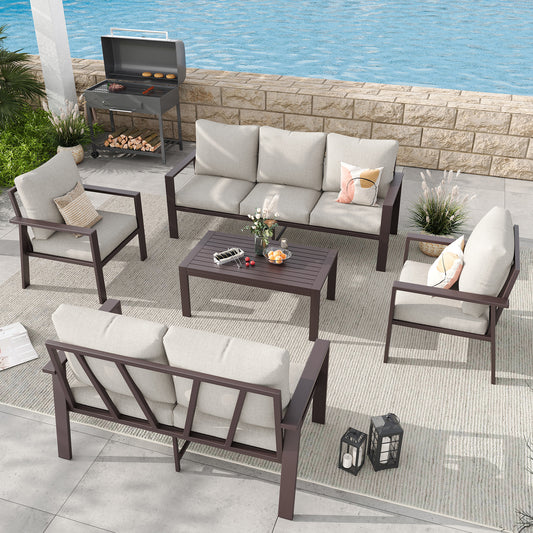 5-Piece Outdoor Furniture All-Weather Aluminum Patio Conversation Set with Coffee Table Rust-Proof Sectional Sofa Set with Removable Cushion for Deck, Backyard, Poolside & Small Spaces