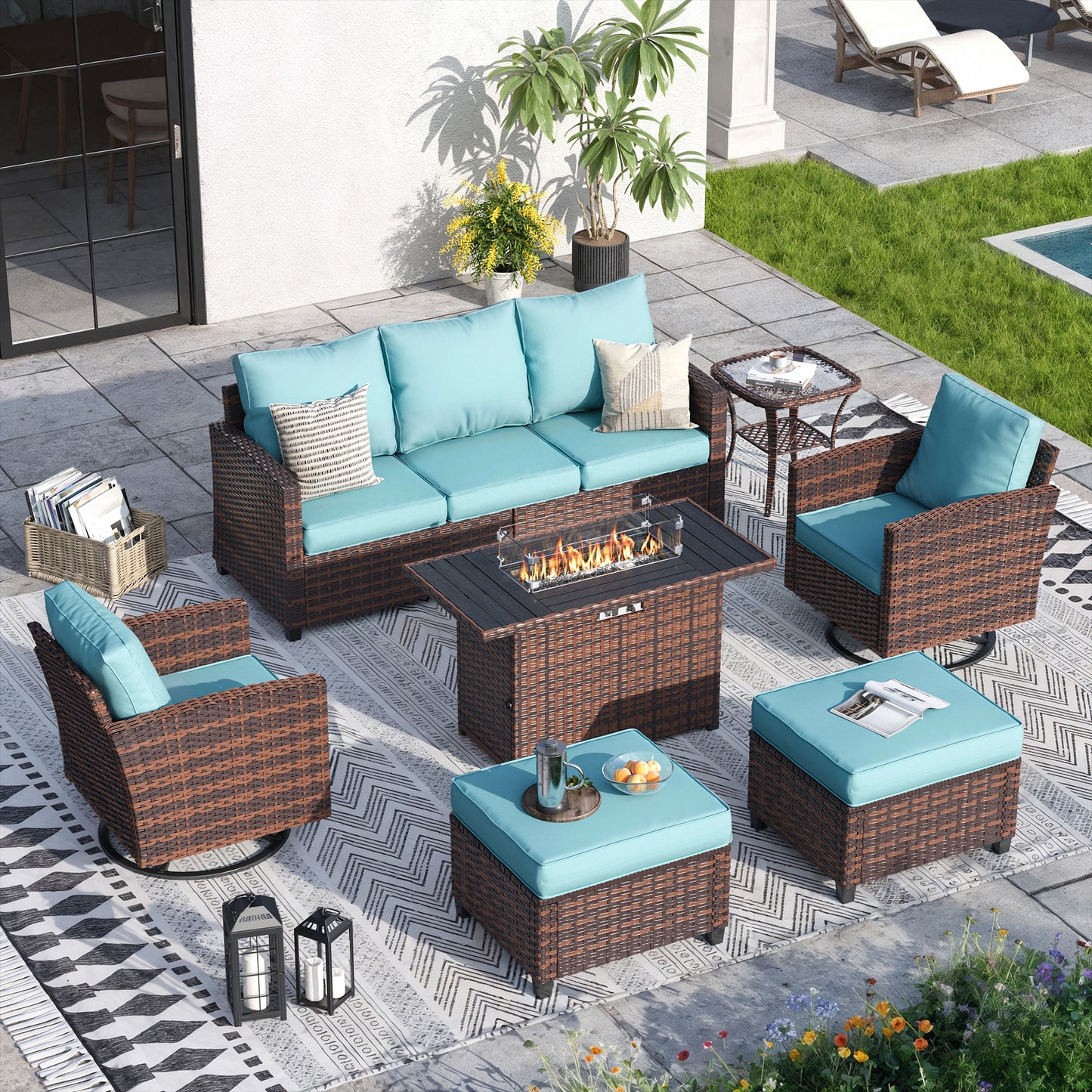 VONZOY 7 Pieces Patio Furniture Set with 44" Fire Pit Table, Patio Sectional Conversation Sets with Rocking Chair, Gas Fire Pit, Ottomans, Side Table, 4" Thick Cushion for Backyard Garden , Light Blue