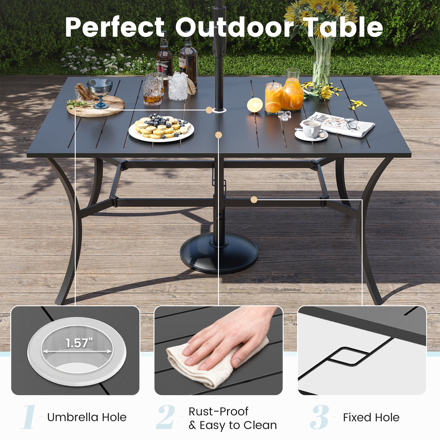 VONZOY 7 Pieces Patio Dining Set, Padded Patio Outdoor Furniture Set of 6 Patio Swivel Dining Chairs and Patio Spliced Rectangular Tabletop with Umbrella Hole, for Deck, Backyard, Poolside & Garden