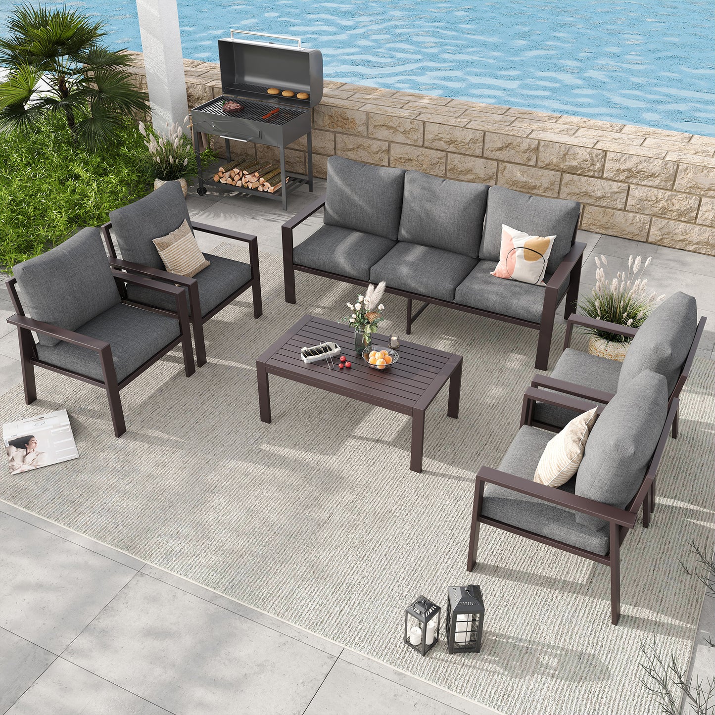 Aluminum Patio Conversation Set with Coffee Table Deck Outdoor Furniture All-Weather Rust-Proof 6-Piece Sectional Sofa Set with Removable Cushion for Backyard, Poolside & Small Spaces