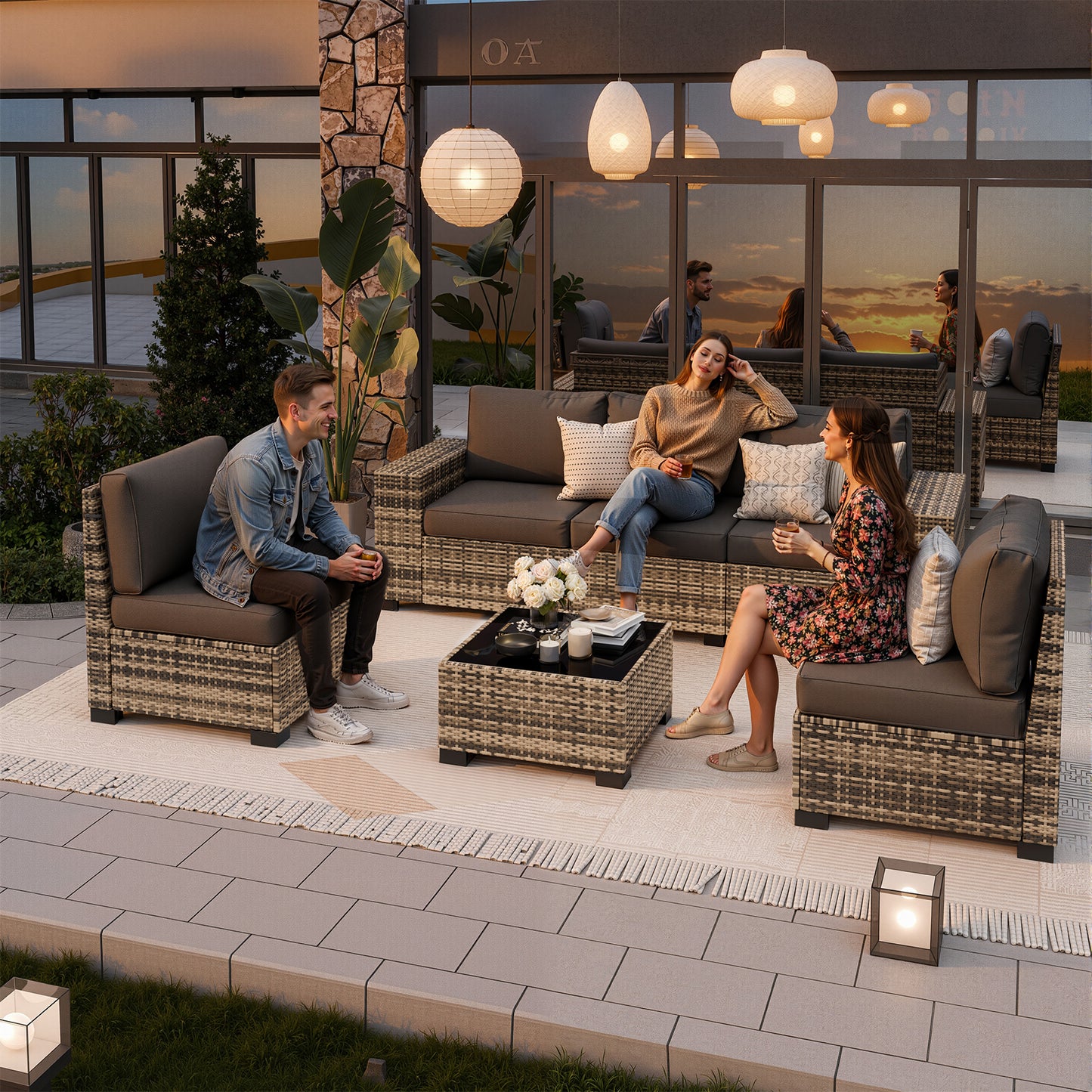 VONZOY Patio Furniture Set, Wide Armrest Outdoor Furniture Set with Thick Cushions, 6 Piece Wicker Rattan Patio Sectional Sofa for Backyard, Poolside, Garden