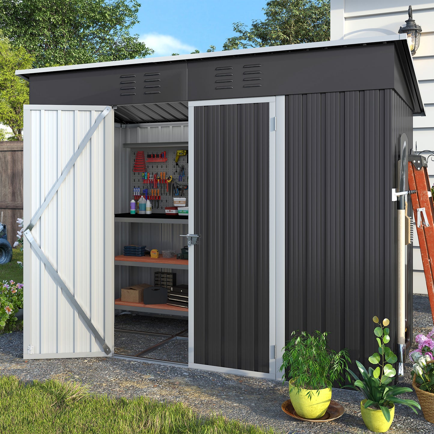 VONZOY 8x4FT Outdoor Storage Shed, Galvanized Steel Outdoor Storage Shed Metal Garden Shed with Lockable Door for Bike, Garbage Can,Tool Shed for Patio, Backyard, Lawn(Grey)