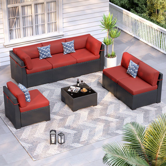 VONZOY Patio Furniture Sets, 7-Piece Outdoor Patio Furniture with Thick Cushions,Coffee Table Outdoor All-Weather Conversation Set Sectional Sofa for Backyard, Poolside, Garden(Wine Red)