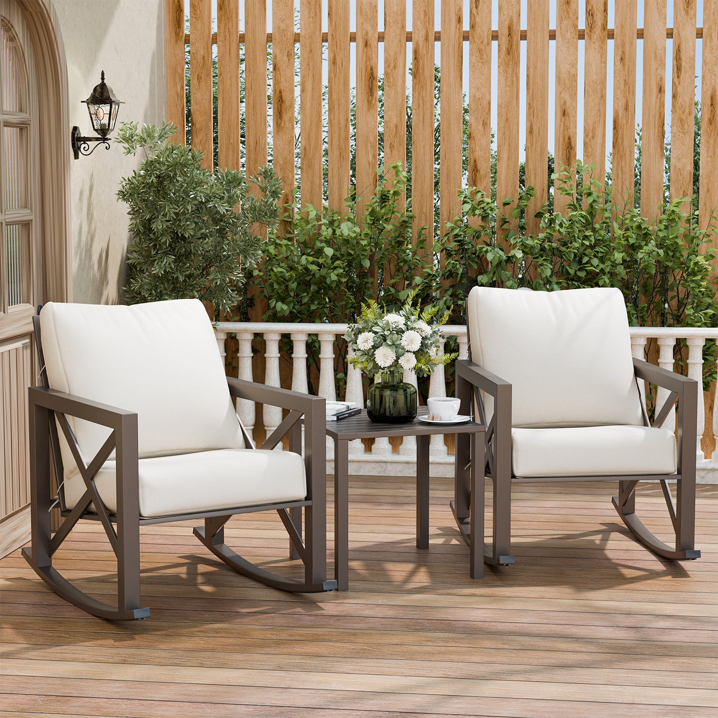 VONZOY Outdoor Rocking Bistro Set, Patio Rocking Chairs Set of 2 with Coffee Table, 3 Pieces Metal Conversation Sets with 6.5" Thick Cushions for Backyard, Porch, Poolside, Oversized (Beige)