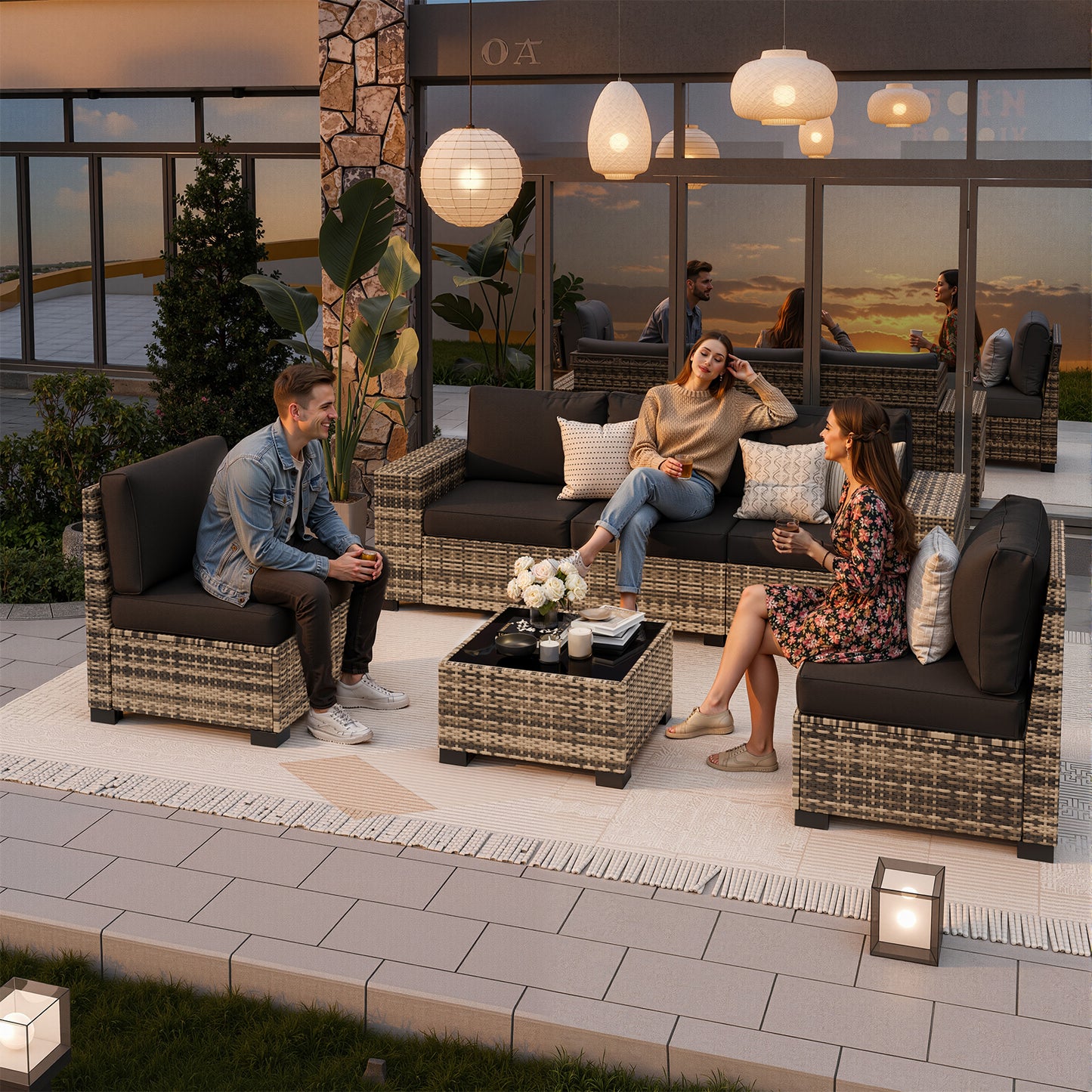 VONZOY Patio Furniture Set, Wide Armrest Outdoor Furniture Set with Thick Cushions, 6 Piece Wicker Rattan Patio Sectional Sofa for Backyard, Poolside, Garden