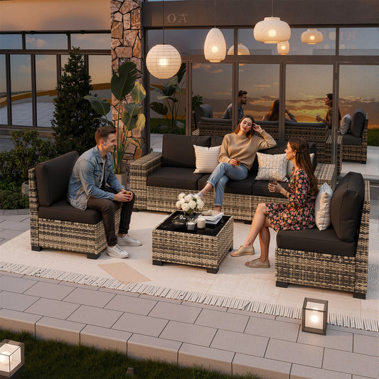 VONZOY Patio Furniture Set, Wide Armrest Outdoor Furniture Set with Thick Cushions, 6 Piece Wicker Rattan Patio Sectional Sofa for Backyard, Poolside, Garden