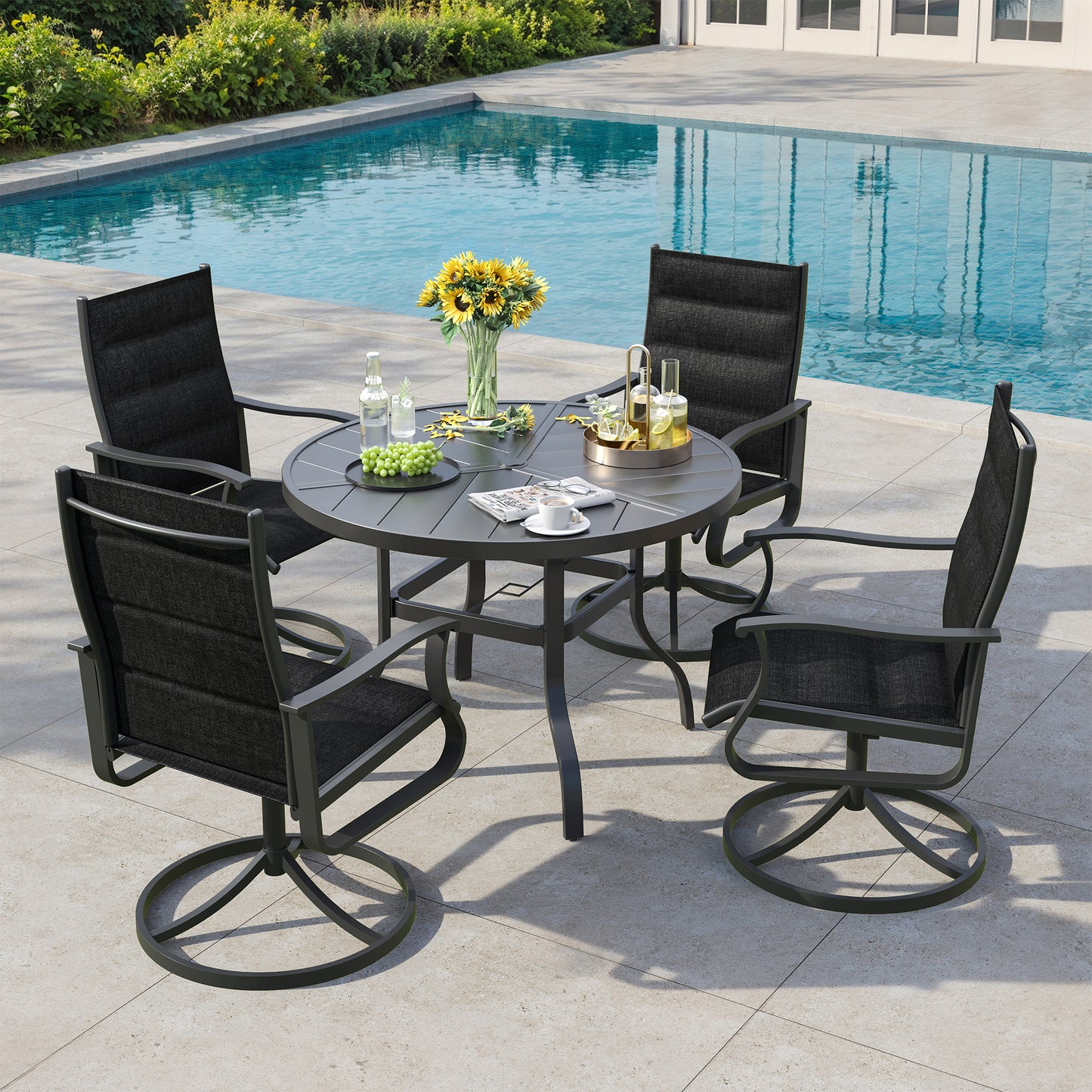 VONZOY 5 Pieces Patio Dining Set, Padded Patio Outdoor Furniture Set of 4 Patio Swivel Dining Chairs and 39" Patio Spliced Round Tabletop with Umbrella Hole, for Deck, Backyard, Poolside & Garden