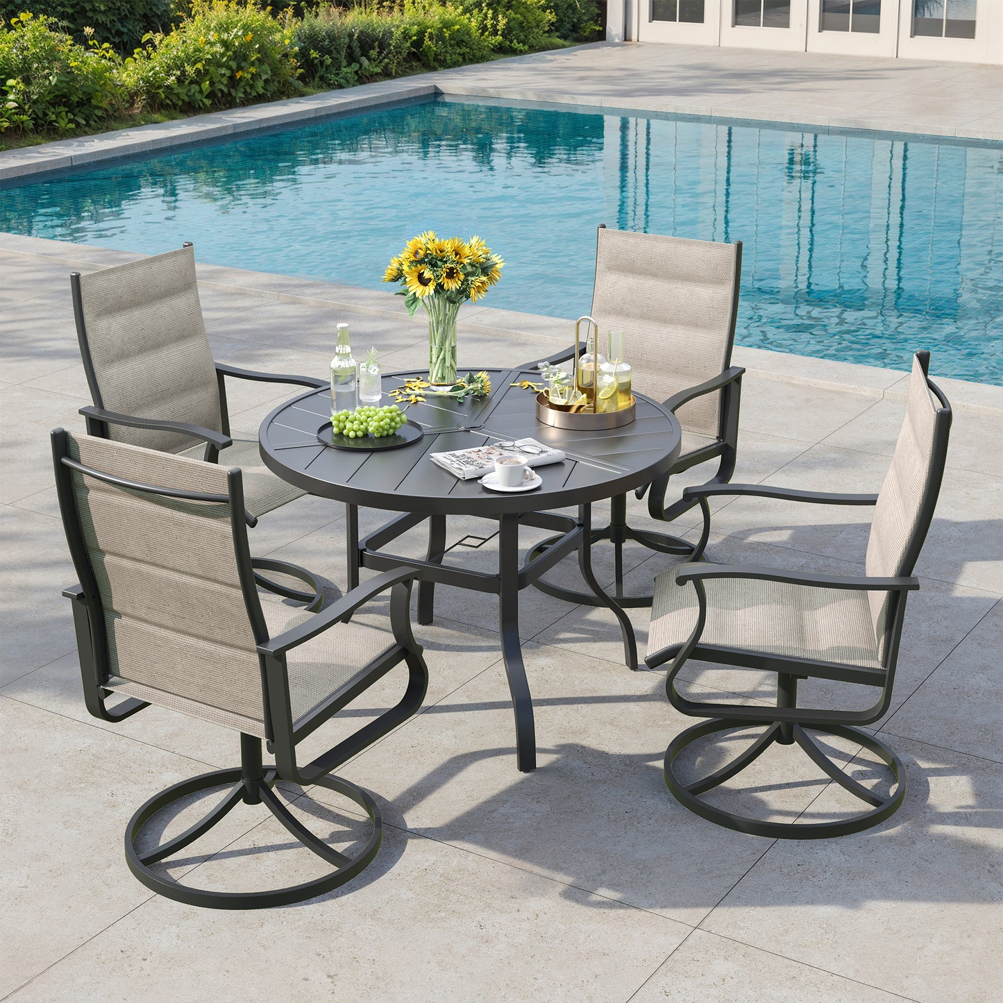 VONZOY 5 Pieces Patio Dining Set, Padded Patio Outdoor Furniture Set of 4 Patio Swivel Dining Chairs and 39" Patio Spliced Round Tabletop with Umbrella Hole, for Deck, Backyard, Poolside & Garden
