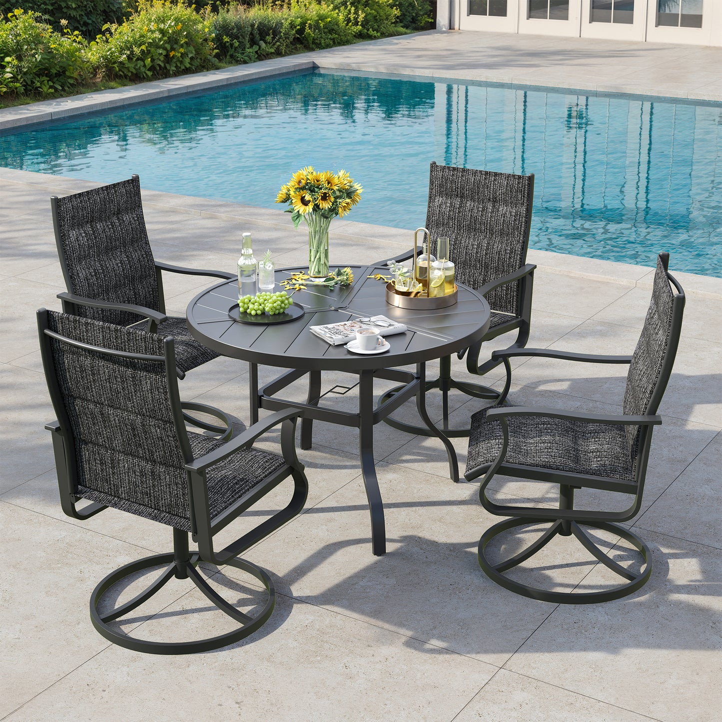 VONZOY 5 Pieces Patio Dining Set, Padded Patio Outdoor Furniture Set of 4 Patio Swivel Dining Chairs and 39" Patio Spliced Round Tabletop with Umbrella Hole, for Deck, Backyard, Poolside & Garden