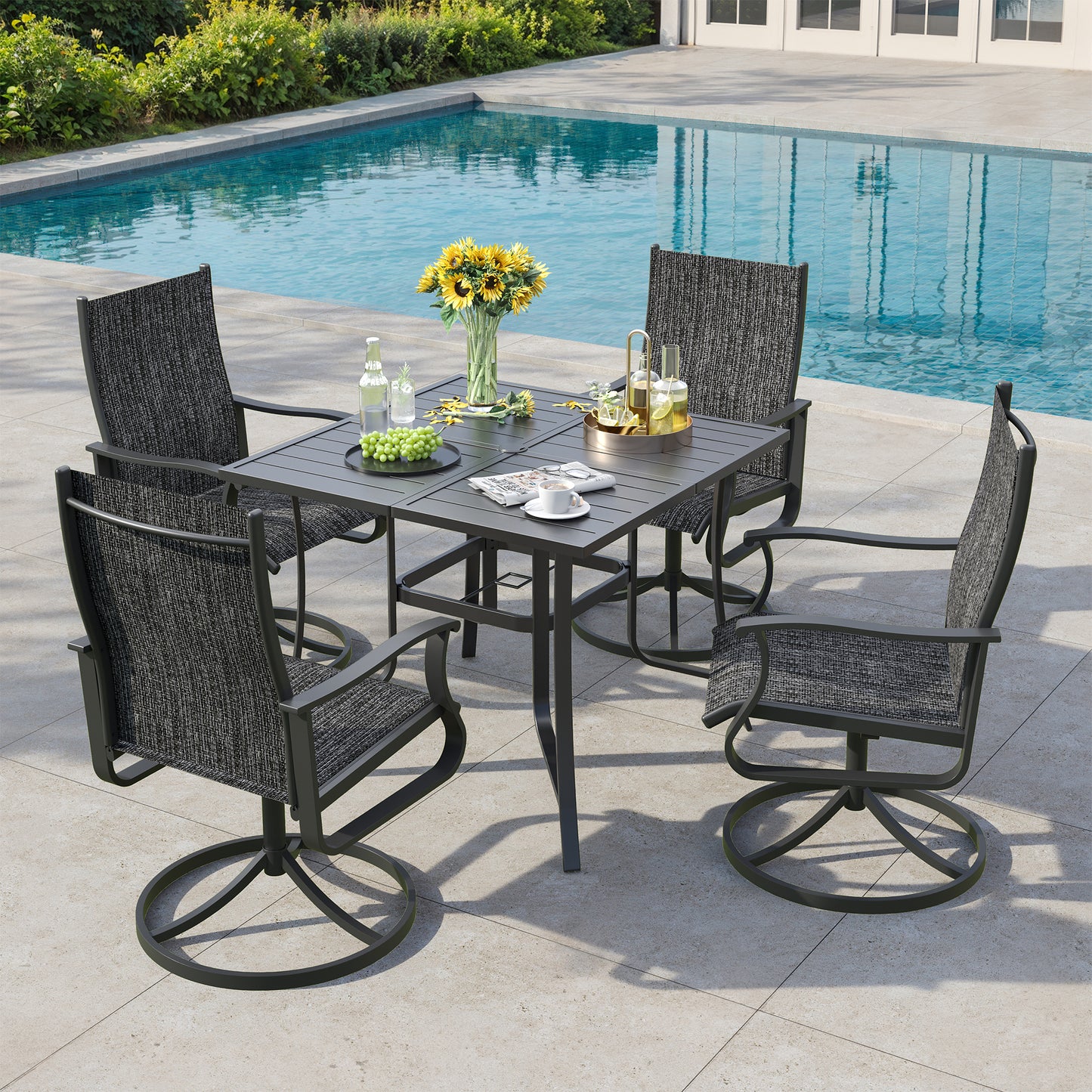 VONZOY 5 Pieces Patio Dining Set, Patio Outdoor Furniture Set of 4 Patio Swivel Dining Chairs and 36" Patio Spliced Square Tabletop with Umbrella Hole, for Deck, Backyard, Poolside & Garden