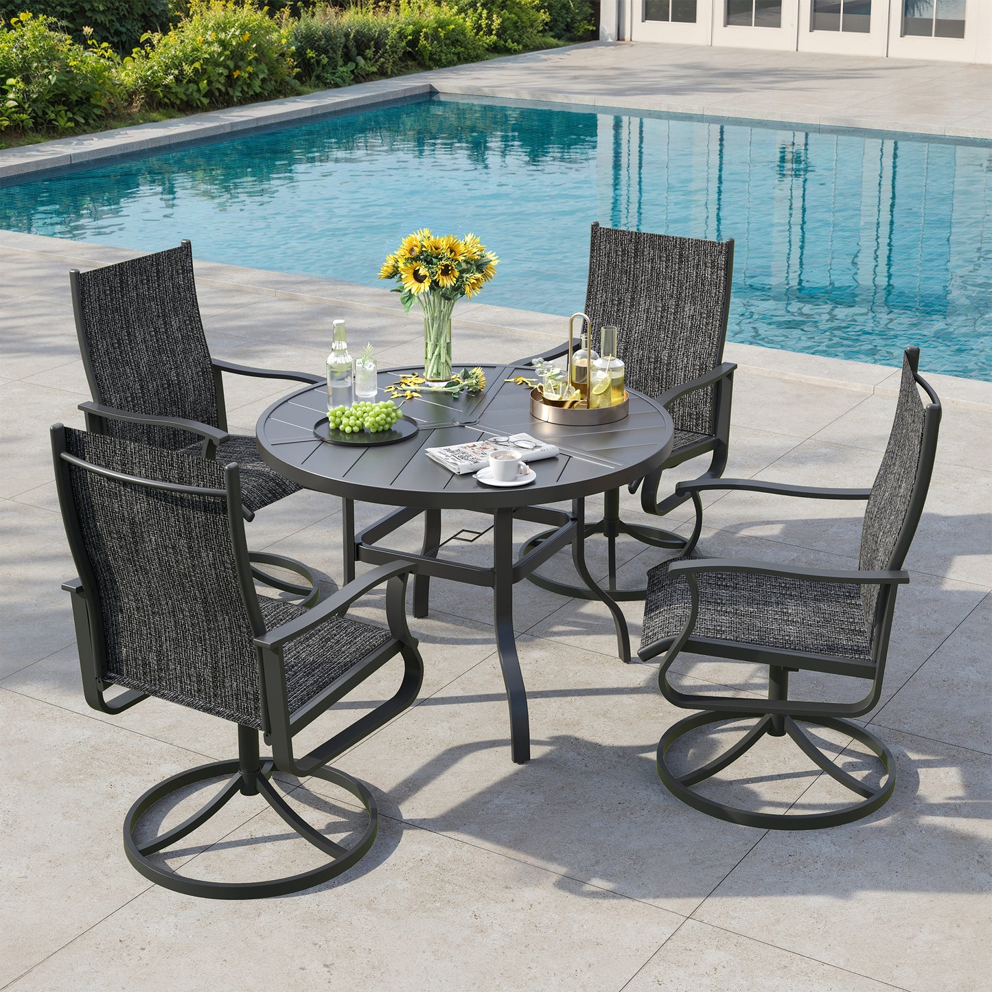 VONZOY 5 Pieces Patio Dining Set, Patio Outdoor Furniture Set of 4 Patio Swivel Dining Chairs and 39" Patio Spliced Round Tabletop with Umbrella Hole, for Deck, Backyard, Poolside & Garden