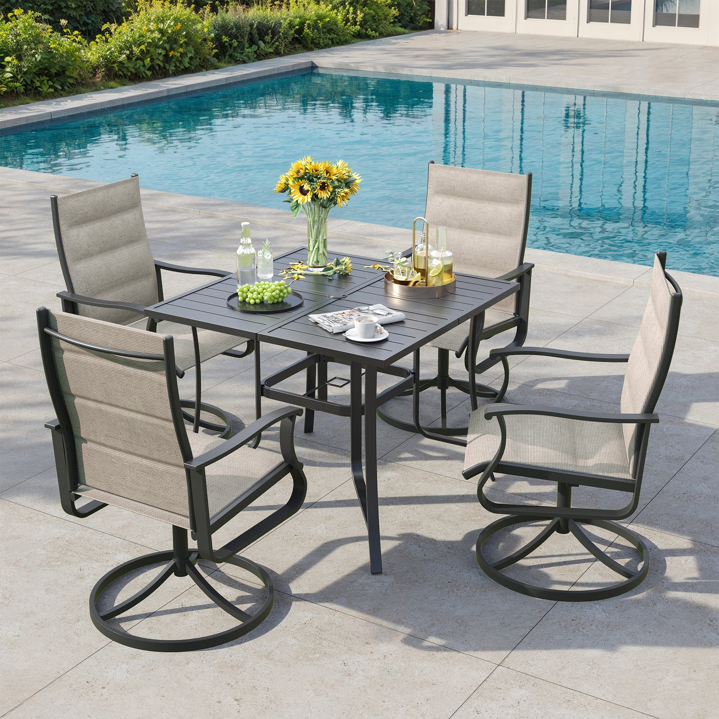 VONZOY 5 Pieces Patio Dining Set, Padded Patio Outdoor Furniture Set of 4 Patio Swivel Dining Chairs and 36" Patio Spliced Square Tabletop with Umbrella Hole, for Deck, Backyard, Poolside & Garden