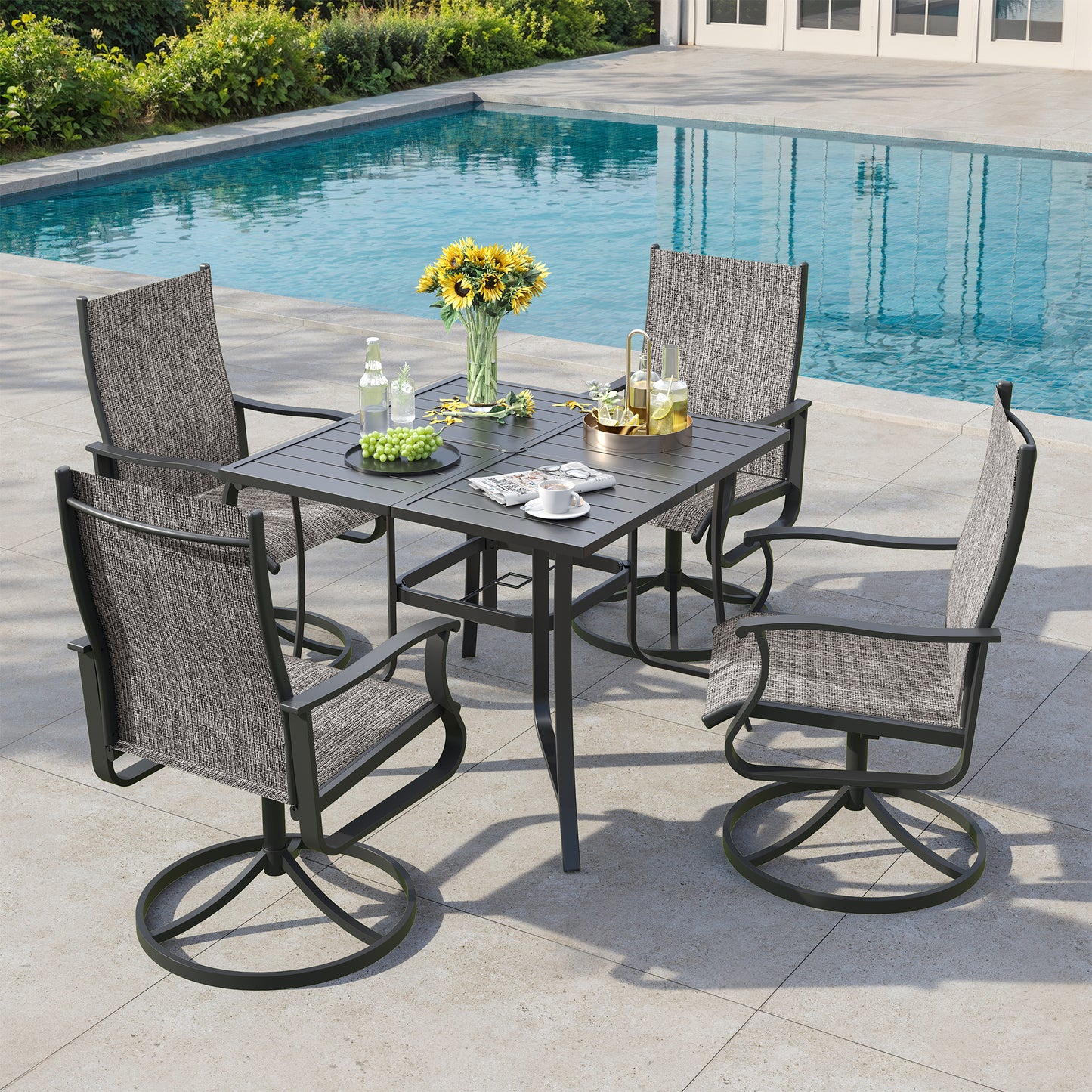 VONZOY 5 Pieces Patio Dining Set, Patio Outdoor Furniture Set of 4 Patio Swivel Dining Chairs and 36" Patio Spliced Square Tabletop with Umbrella Hole, for Deck, Backyard, Poolside & Garden
