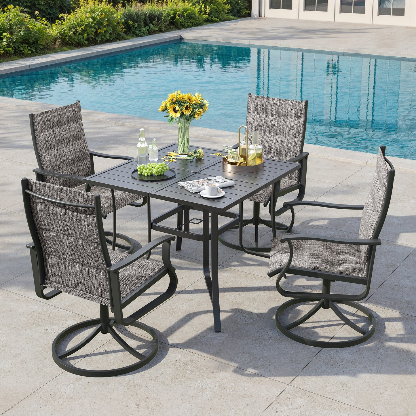VONZOY 5 Pieces Patio Dining Set, Padded Patio Outdoor Furniture Set of 4 Patio Swivel Dining Chairs and 36" Patio Spliced Square Tabletop with Umbrella Hole, for Deck, Backyard, Poolside & Garden