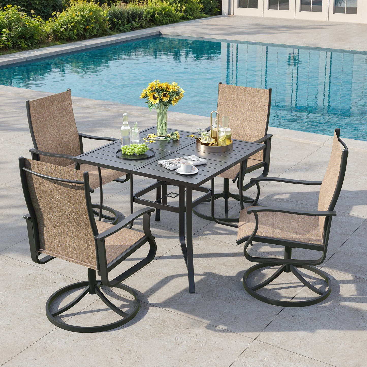 VONZOY 5 Pieces Patio Dining Set, Patio Outdoor Furniture Set of 4 Patio Swivel Dining Chairs and 36" Patio Spliced Square Tabletop with Umbrella Hole, for Deck, Backyard, Poolside & Garden