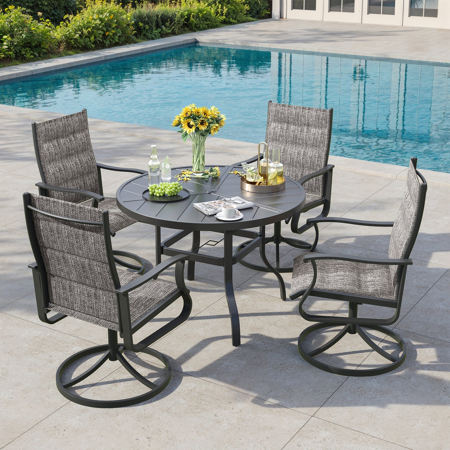 VONZOY 5 Pieces Patio Dining Set, Padded Patio Outdoor Furniture Set of 4 Patio Swivel Dining Chairs and 39" Patio Spliced Round Tabletop with Umbrella Hole, for Deck, Backyard, Poolside & Garden