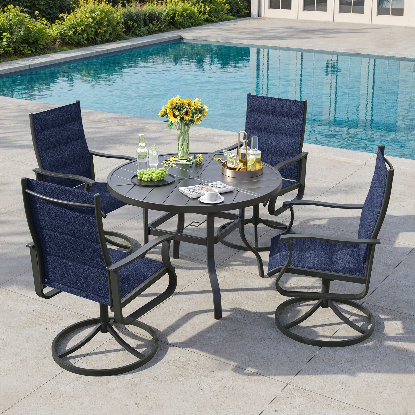 VONZOY 5 Pieces Patio Dining Set, Padded Patio Outdoor Furniture Set of 4 Patio Swivel Dining Chairs and 39" Patio Spliced Round Tabletop with Umbrella Hole, for Deck, Backyard, Poolside & Garden