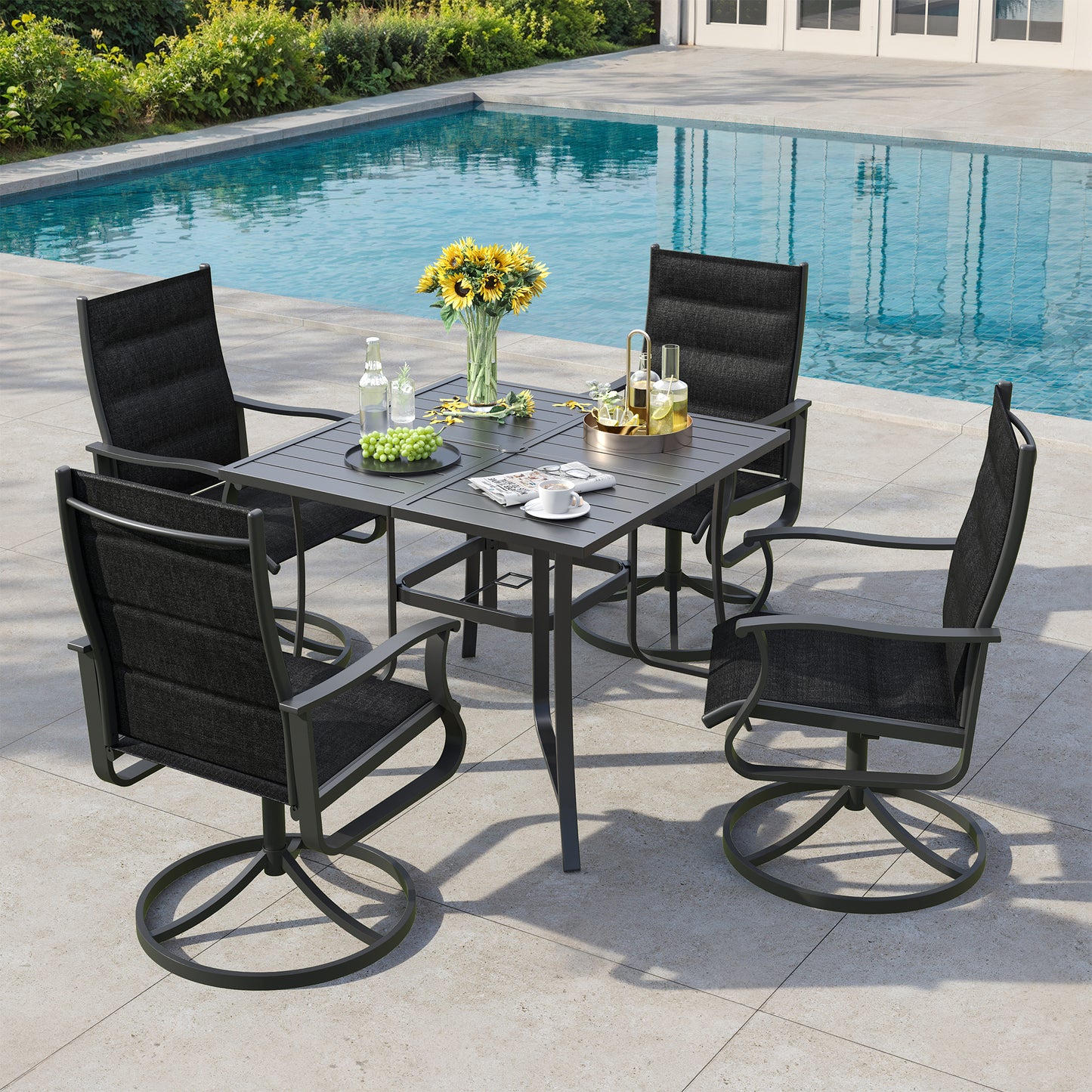 VONZOY 5 Pieces Patio Dining Set, Padded Patio Outdoor Furniture Set of 4 Patio Swivel Dining Chairs and 36" Patio Spliced Square Tabletop with Umbrella Hole, for Deck, Backyard, Poolside & Garden