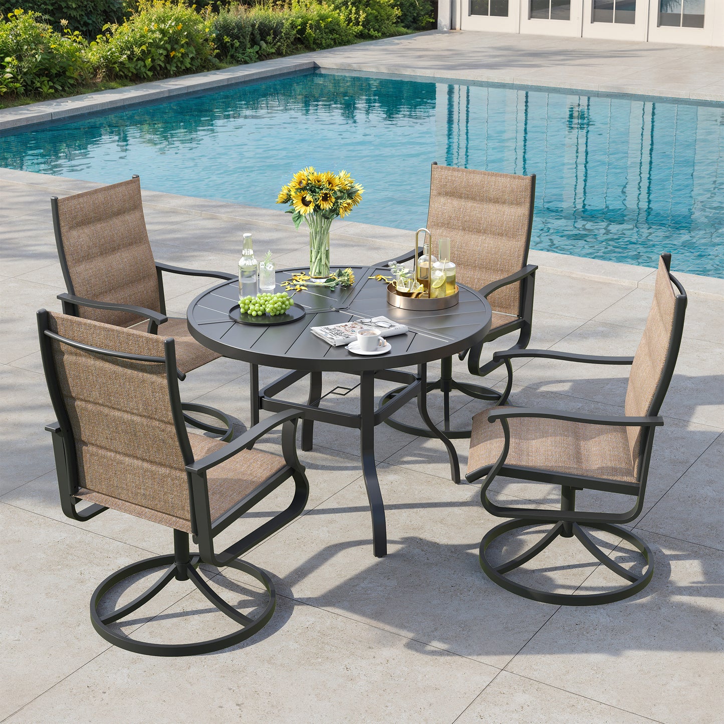 VONZOY 5 Pieces Patio Dining Set, Padded Patio Outdoor Furniture Set of 4 Patio Swivel Dining Chairs and 39" Patio Spliced Round Tabletop with Umbrella Hole, for Deck, Backyard, Poolside & Garden
