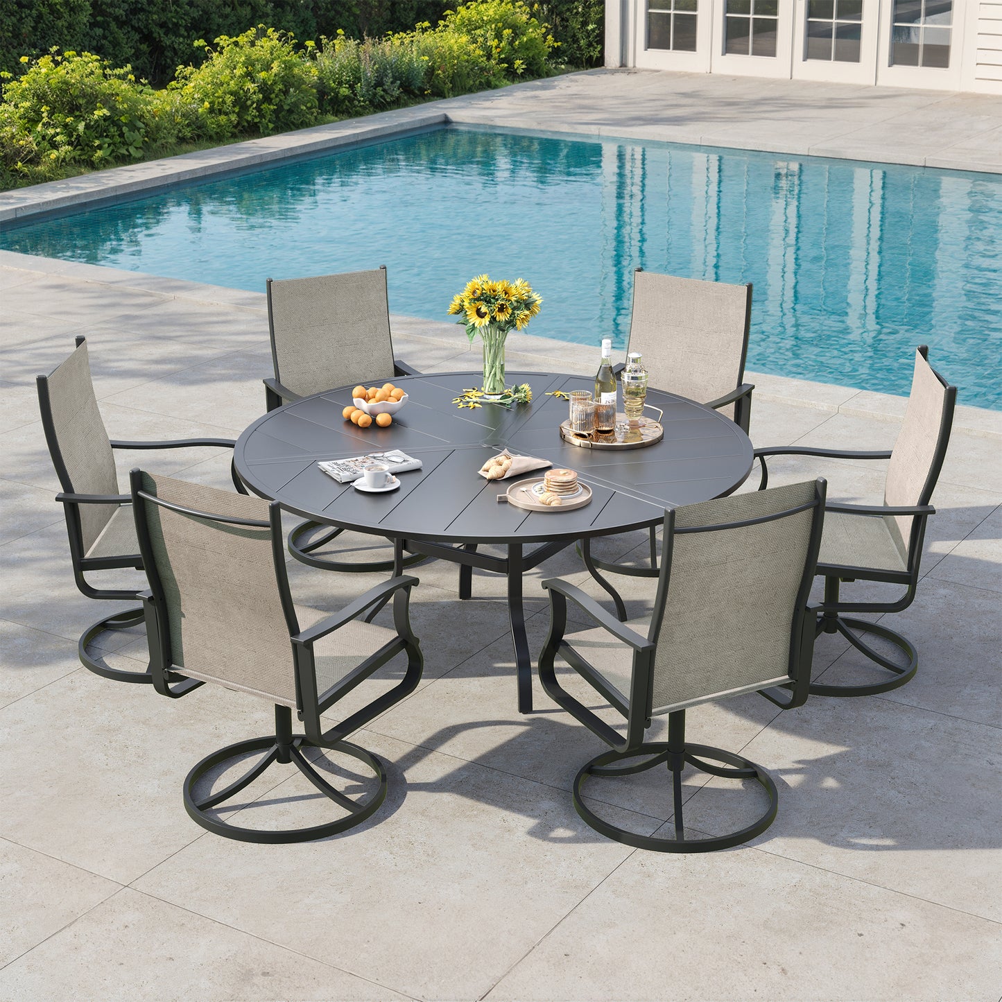 VONZOY 7 Pieces Patio Dining Set, Patio Outdoor Furniture Set of 6 Patio Swivel Dining Chairs and 51" Patio Spliced Round Tabletop with Umbrella Hole, for Deck, Backyard, Poolside & Garde