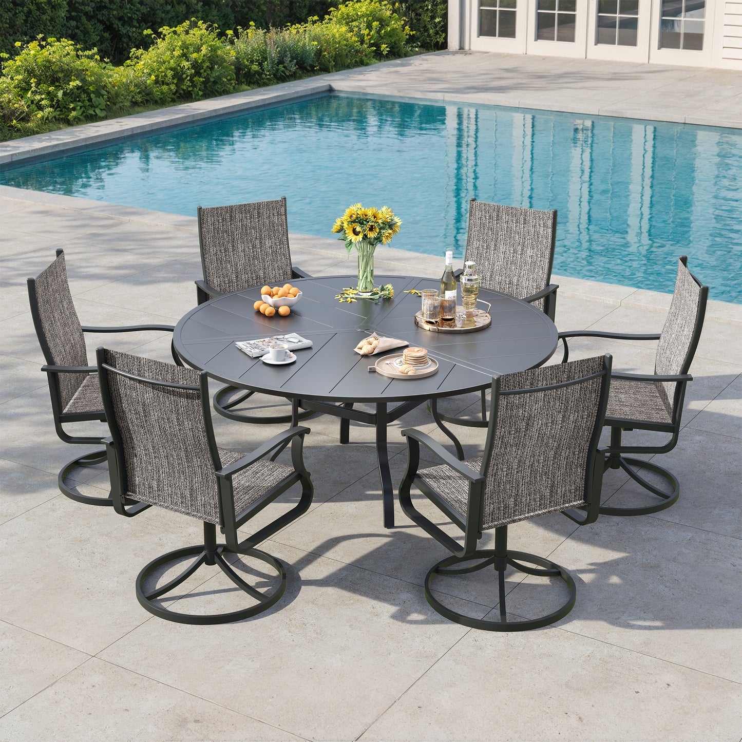 VONZOY 7 Pieces Patio Dining Set, Patio Outdoor Furniture Set of 6 Patio Swivel Dining Chairs and 51" Patio Spliced Round Tabletop with Umbrella Hole, for Deck, Backyard, Poolside & Garden