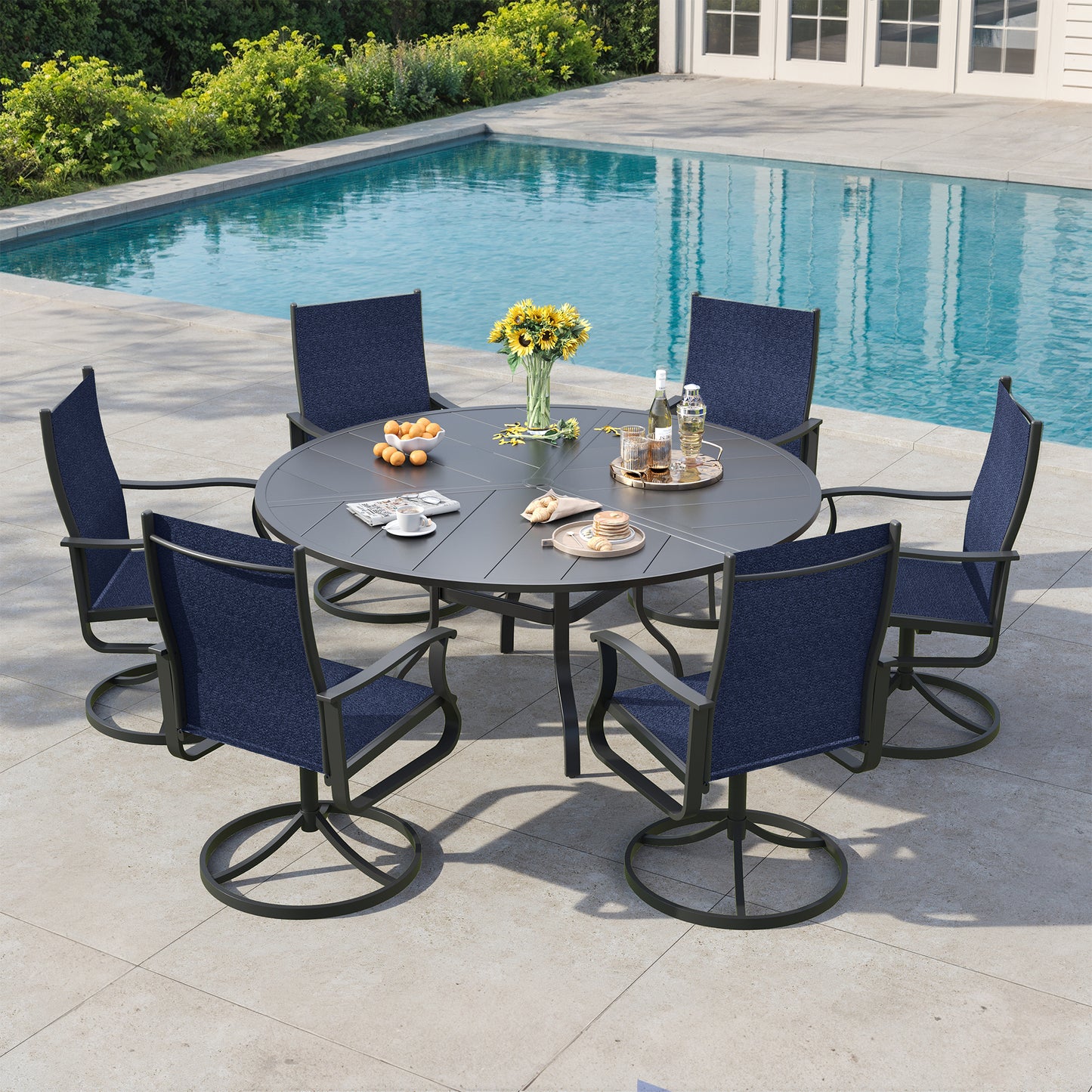 VONZOY 7 Pieces Patio Dining Set, Patio Outdoor Furniture Set of 6 Patio Swivel Dining Chairs and 51" Patio Spliced Round Tabletop with Umbrella Hole, for Deck, Backyard, Poolside & Garden
