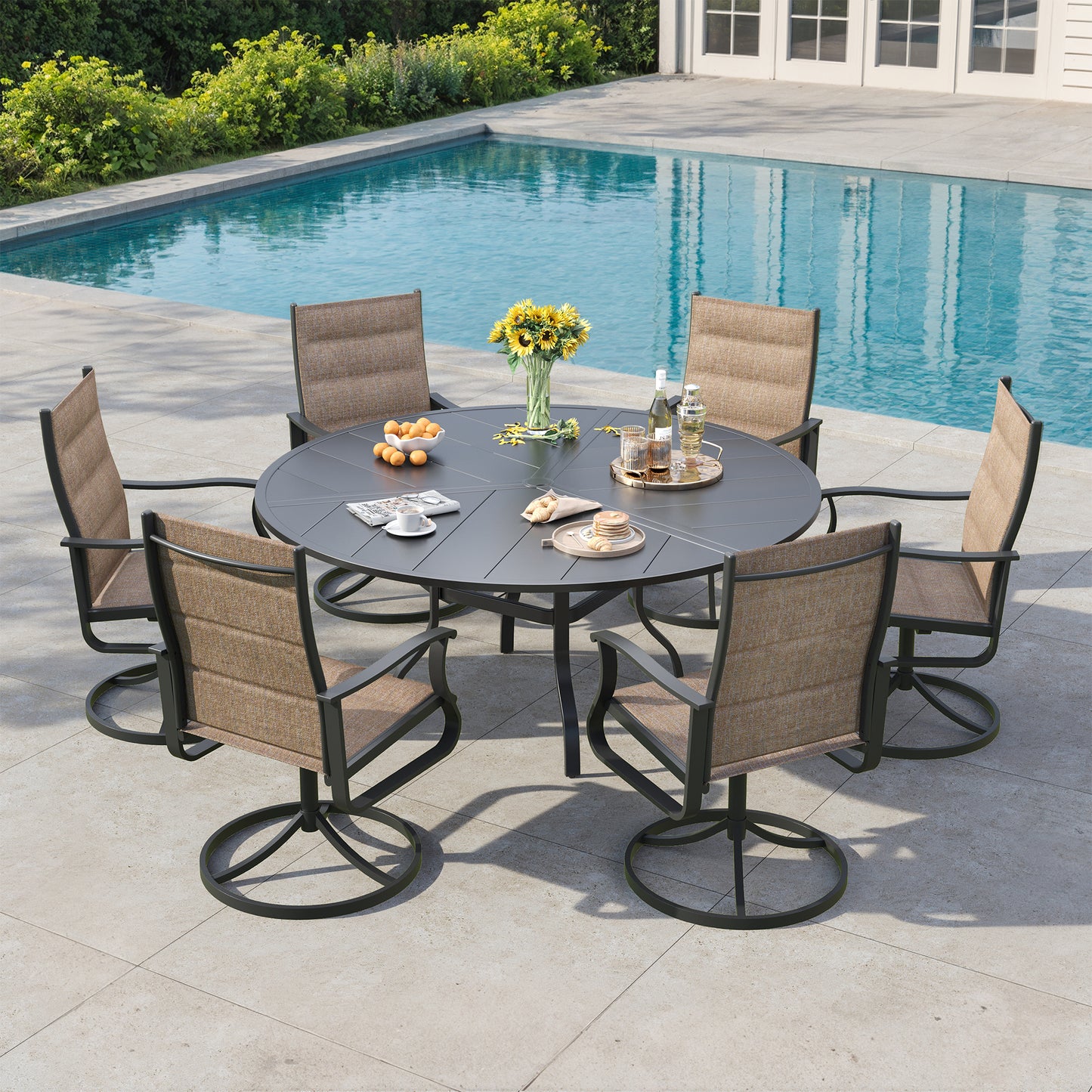 VONZOY 7 Pieces Patio Dining Set, Padded Patio Outdoor Furniture Set of 6 Patio Swivel Dining Chairs and 51" Patio Spliced Round Tabletop with Umbrella Hole, for Deck, Backyard, Poolside & Garden