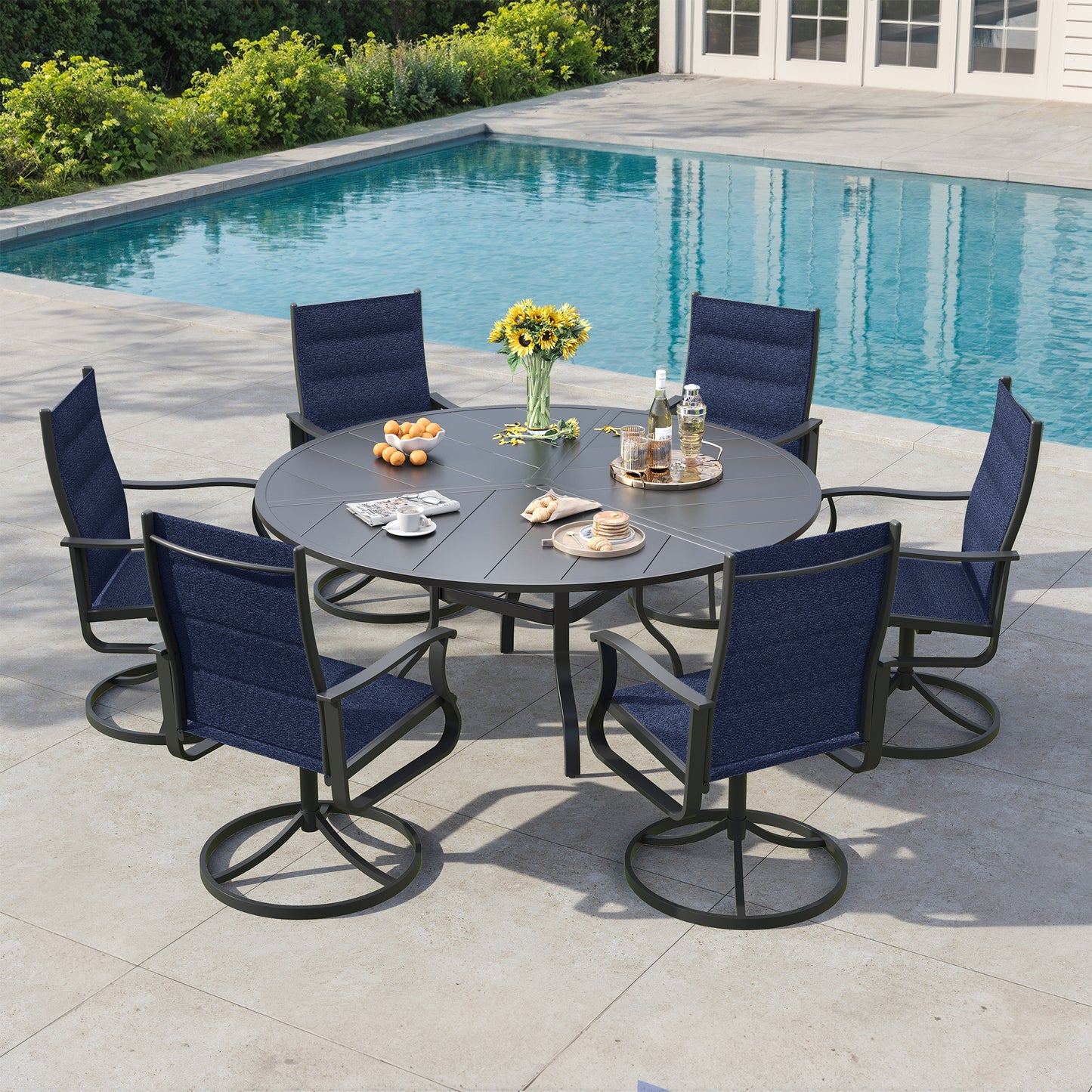 VONZOY 7 Pieces Patio Dining Set, Padded Patio Outdoor Furniture Set of 6 Patio Swivel Dining Chairs and 51" Patio Spliced Round Tabletop with Umbrella Hole, for Deck, Backyard, Poolside & Garden