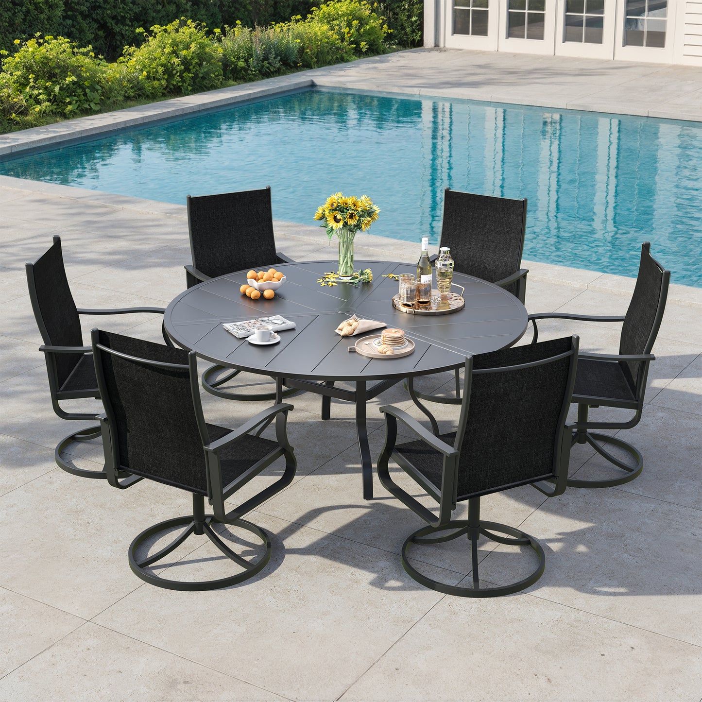 VONZOY 7 Pieces Patio Dining Set, Patio Outdoor Furniture Set of 6 Patio Swivel Dining Chairs and 51" Patio Spliced Round Tabletop with Umbrella Hole, for Deck, Backyard, Poolside & Garden