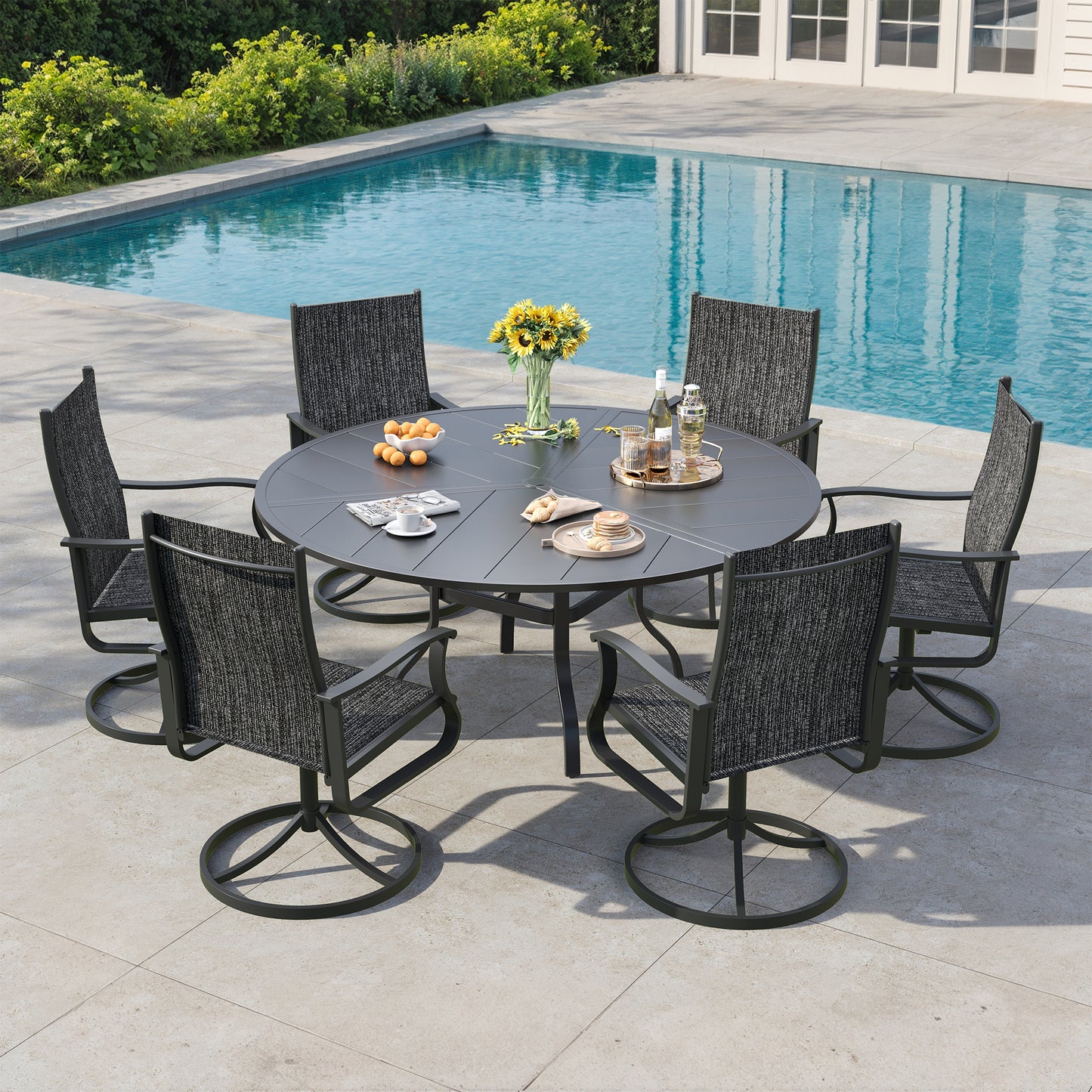 VONZOY 7 Pieces Patio Dining Set, Patio Outdoor Furniture Set of 6 Patio Swivel Dining Chairs and 51" Patio Spliced Round Tabletop with Umbrella Hole, for Deck, Backyard, Poolside & Garden