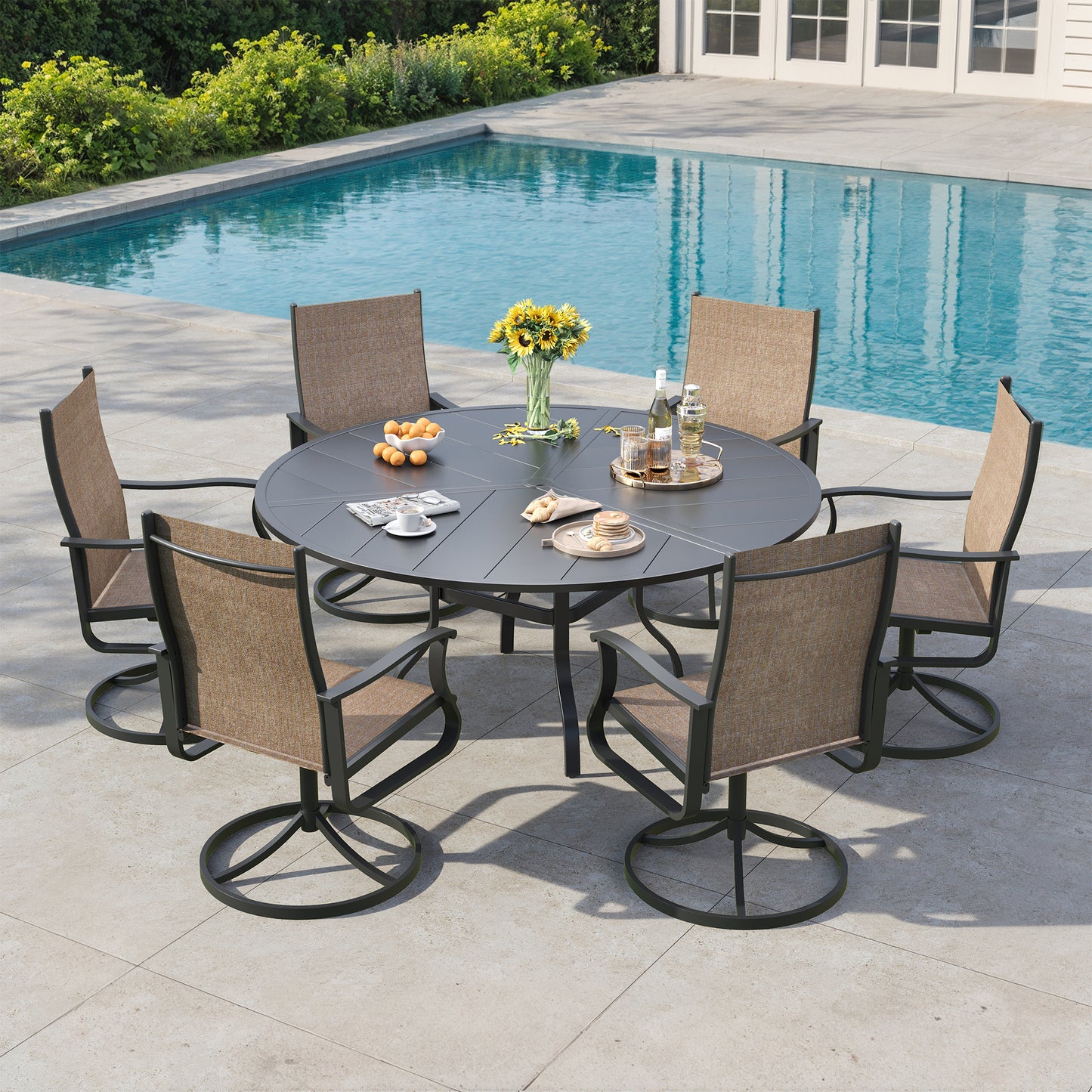 VONZOY 7 Pieces Patio Dining Set, Patio Outdoor Furniture Set of 6 Patio Swivel Dining Chairs and 51" Patio Spliced Round Tabletop with Umbrella Hole, for Deck, Backyard, Poolside & Garden