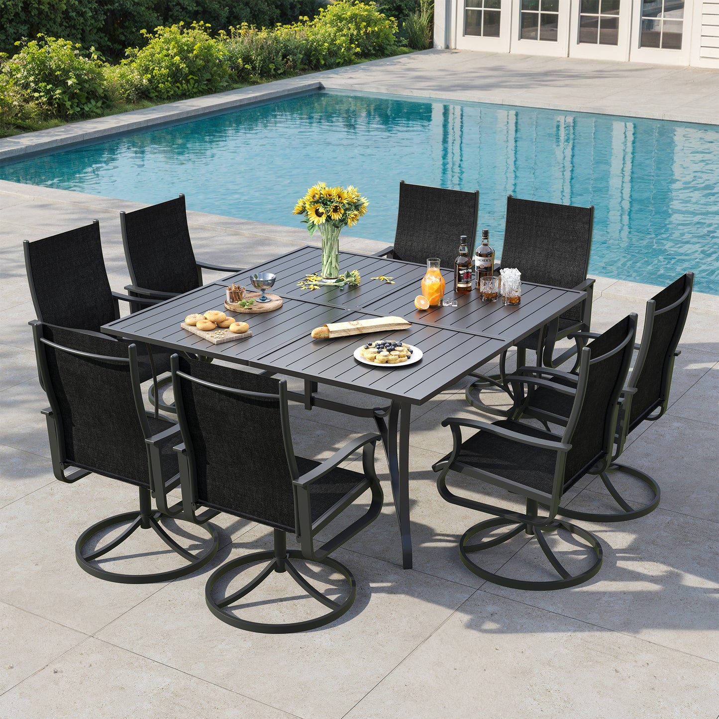 VONZOY 9 Pieces Patio Dining Set, Patio Outdoor Furniture Set of 8 Patio Swivel Dining Chairs and 60" Patio Spliced Square Tabletop with Umbrella Hole, for Deck, Backyard, Poolside & Garden