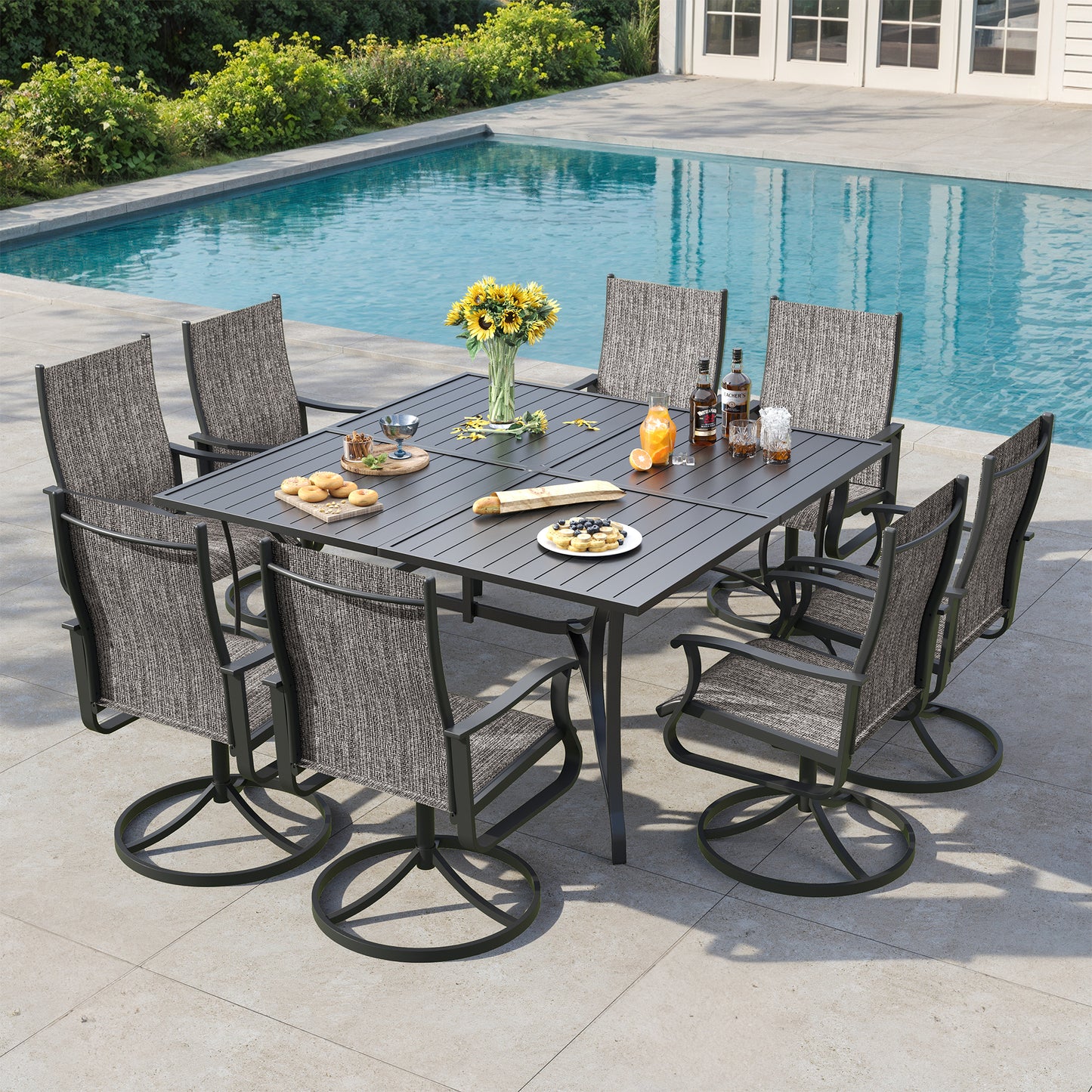 VONZOY 9 Pieces Patio Dining Set, Patio Outdoor Furniture Set of 8 Patio Swivel Dining Chairs and 60" Patio Spliced Square Tabletop with Umbrella Hole, for Deck, Backyard, Poolside & Garden