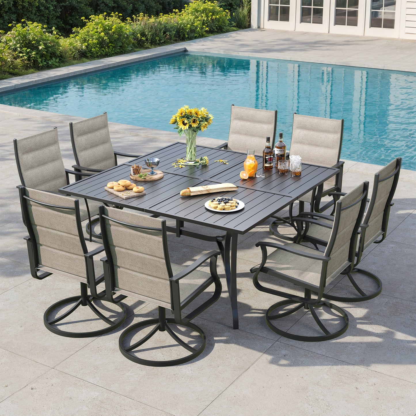 VONZOY 9 Pieces Patio Dining Set, Padded Patio Outdoor Furniture Set of 8 Patio Swivel Dining Chairs and 60" Patio Spliced Square Tabletop with Umbrella Hole, for Deck, Backyard, Poolside & Garden