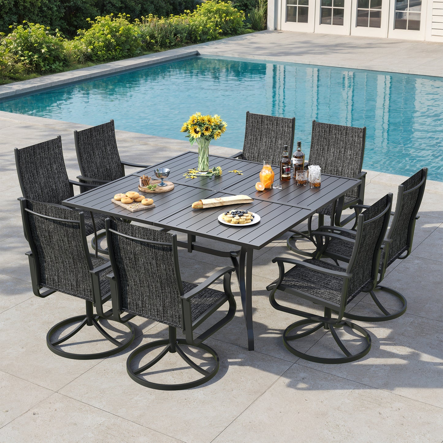 VONZOY 9 Pieces Patio Dining Set, Patio Outdoor Furniture Set of 8 Patio Swivel Dining Chairs and 60" Patio Spliced Square Tabletop with Umbrella Hole, for Deck, Backyard, Poolside & Garden