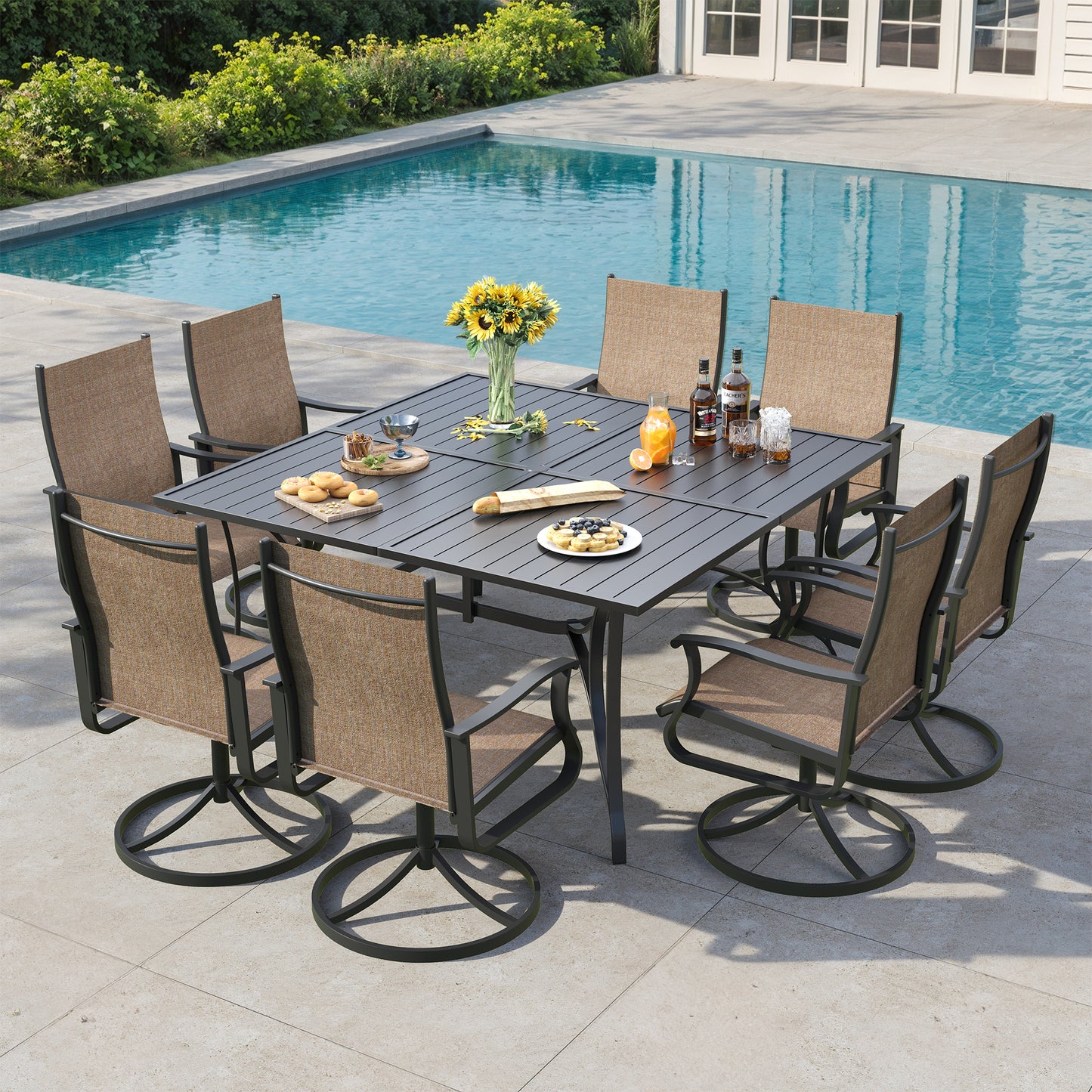 VONZOY 9 Pieces Patio Dining Set, Patio Outdoor Furniture Set of 8 Patio Swivel Dining Chairs and 60" Patio Spliced Square Tabletop with Umbrella Hole, for Deck, Backyard, Poolside & Garden