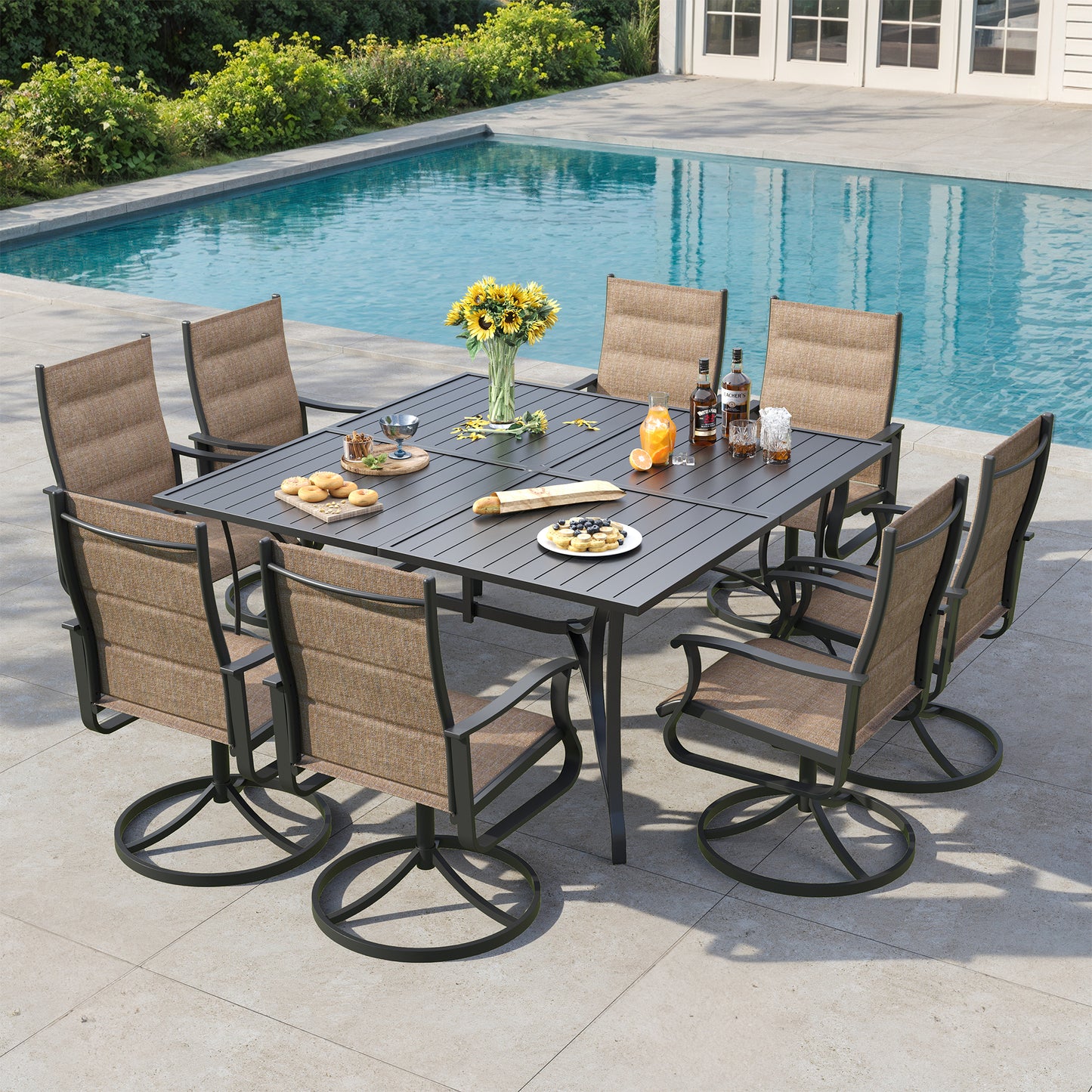 VONZOY 9 Pieces Patio Dining Set, Padded Patio Outdoor Furniture Set of 8 Patio Swivel Dining Chairs and 60" Patio Spliced Square Tabletop with Umbrella Hole, for Deck, Backyard, Poolside & Garden