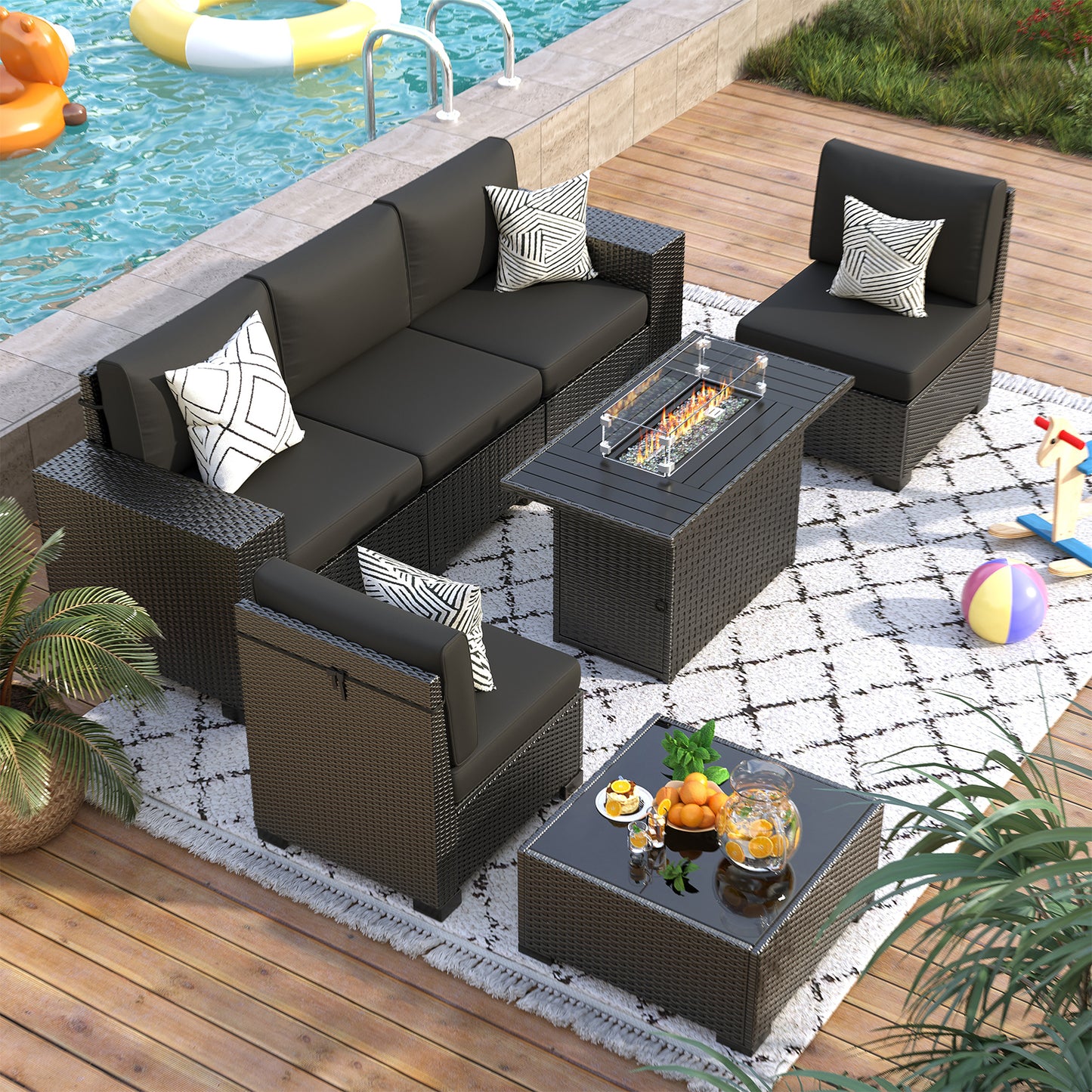 VONZOY 7 Piece Patio Furniture Set with 44" Fire Pit Table