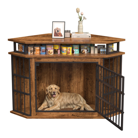 Corner Dog Crate Furniture with 2-Tier Shelves，51" Large Dog Kennel Indoor Wooden End Table, Modern Dog Cage Decorative Pet House TV Stand, Rustic Brown