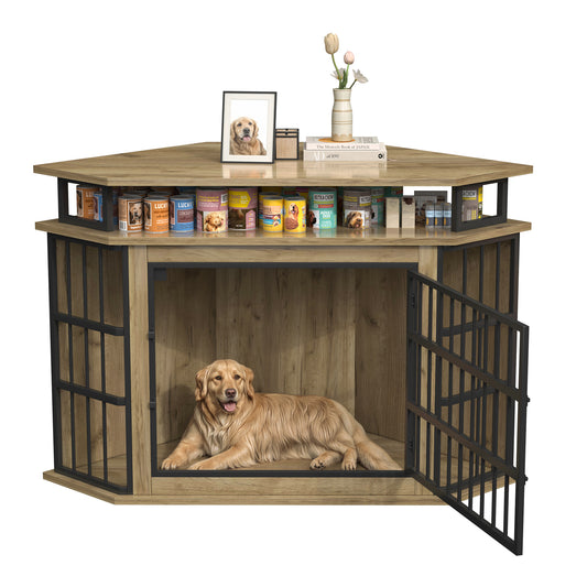 51" Corner Dog Crate Furniture, Wooden Dog Kennel Furniture with 2-Tier Shelves, Decorative Wood Dog House for Small/Medium/Large Dog, Space-Saving Dog Cage for TV Stand