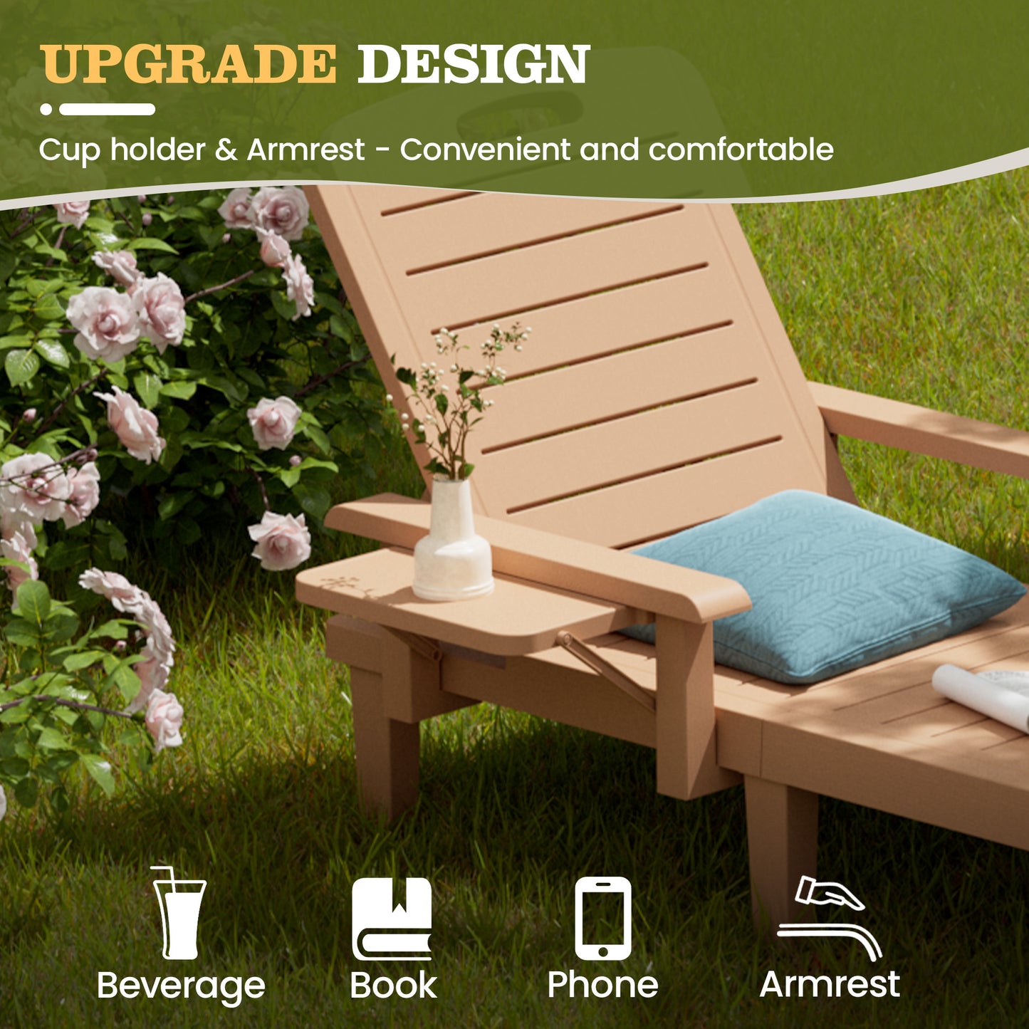 Vonzoy 2PCS Outdoor Lounge Chair with Armrests, Adjustable 5-level Height, Durable Resin, Easy to Clean, Patio Pool Chaise Chaise with Cup Holder