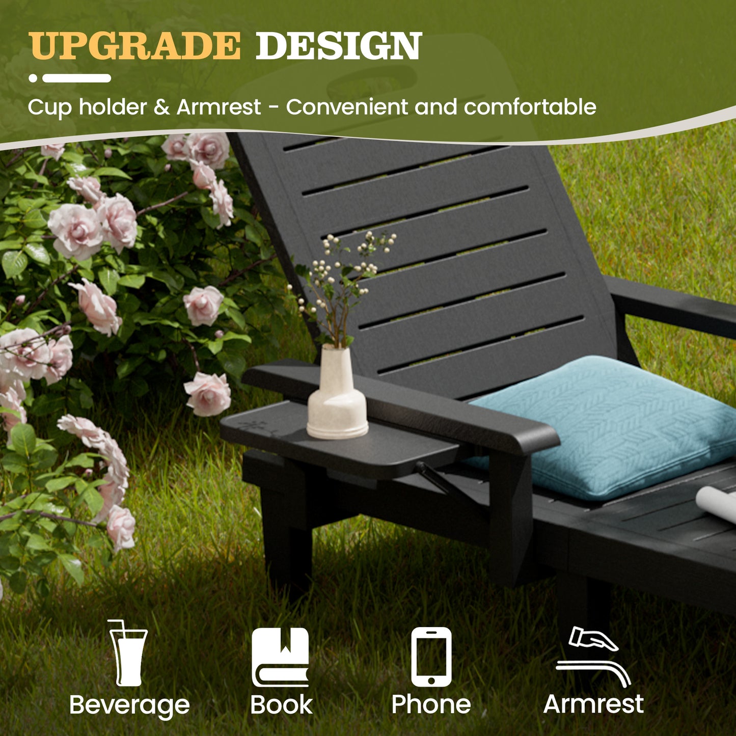 Vonzoy 2PCS Outdoor Lounge Chair with Armrests, Adjustable 5-level Height, Durable Resin, Easy to Clean, Patio Pool Chaise Chaise with Cup Holder